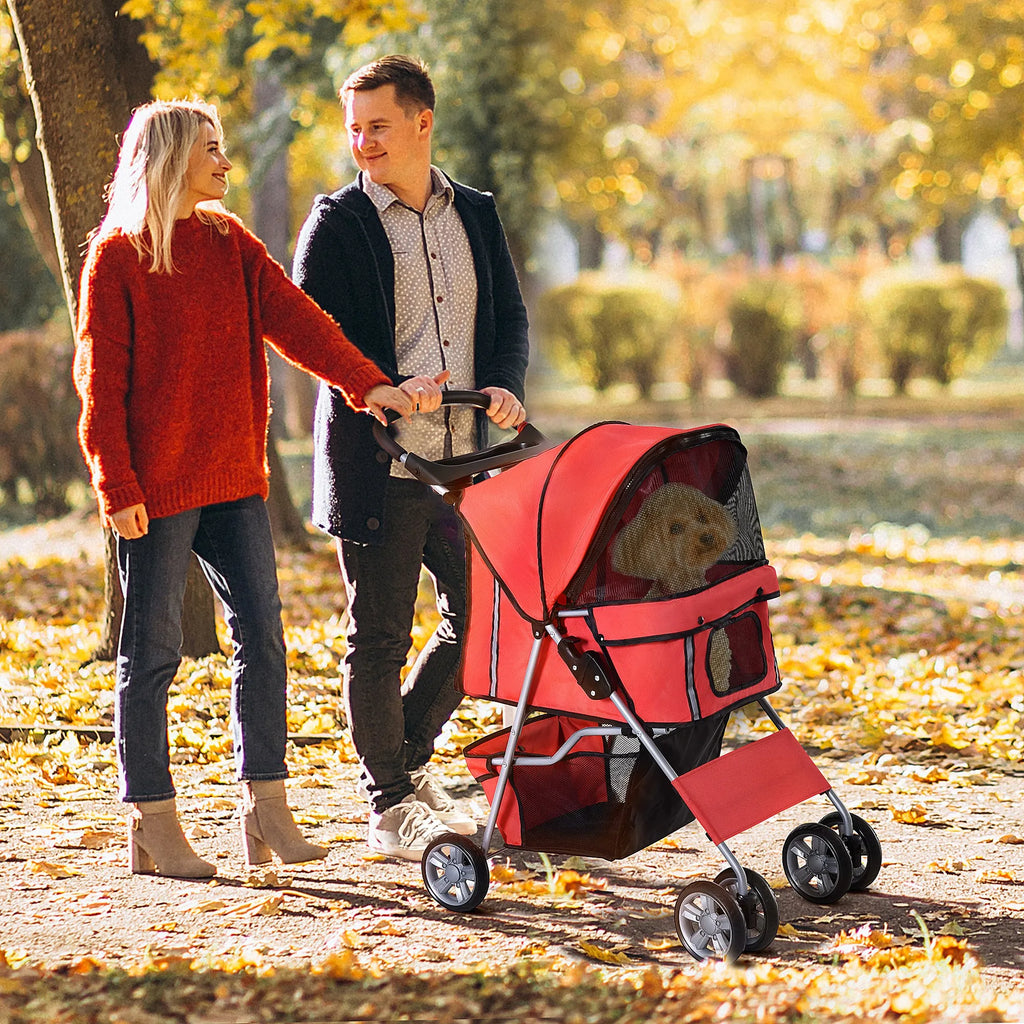 Sulankstomas šunų vežimėlis (trolley) iki 10 kg su puodelio laikikliu ir stogeliu nuo saulės, raudonas