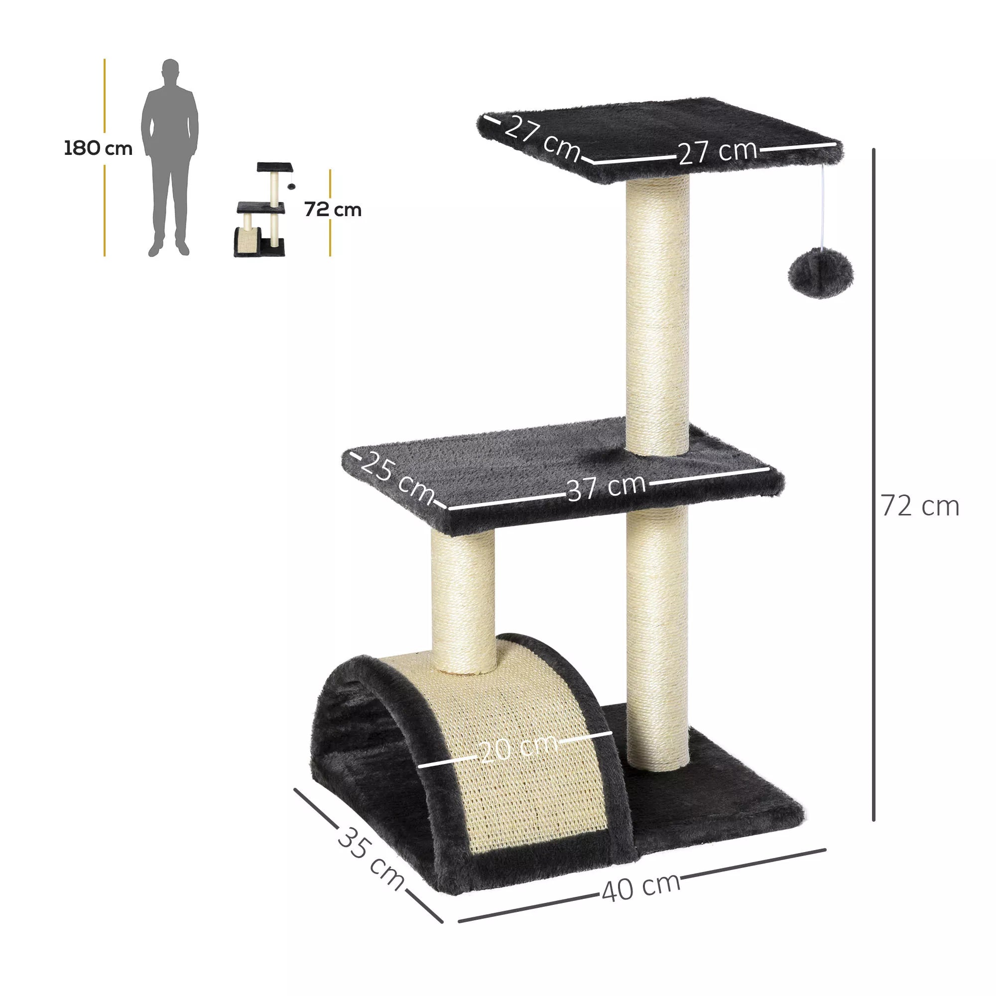 Kačių draskyklė 72 cm Kačių bokštas su pliušiniais kamuoliukais, sizaliniai stiebai, platforma, draskyklė, daugiaaukštė kačių draskyklė, laipiojimo medis, vidutinio dydžio katėms, pilka