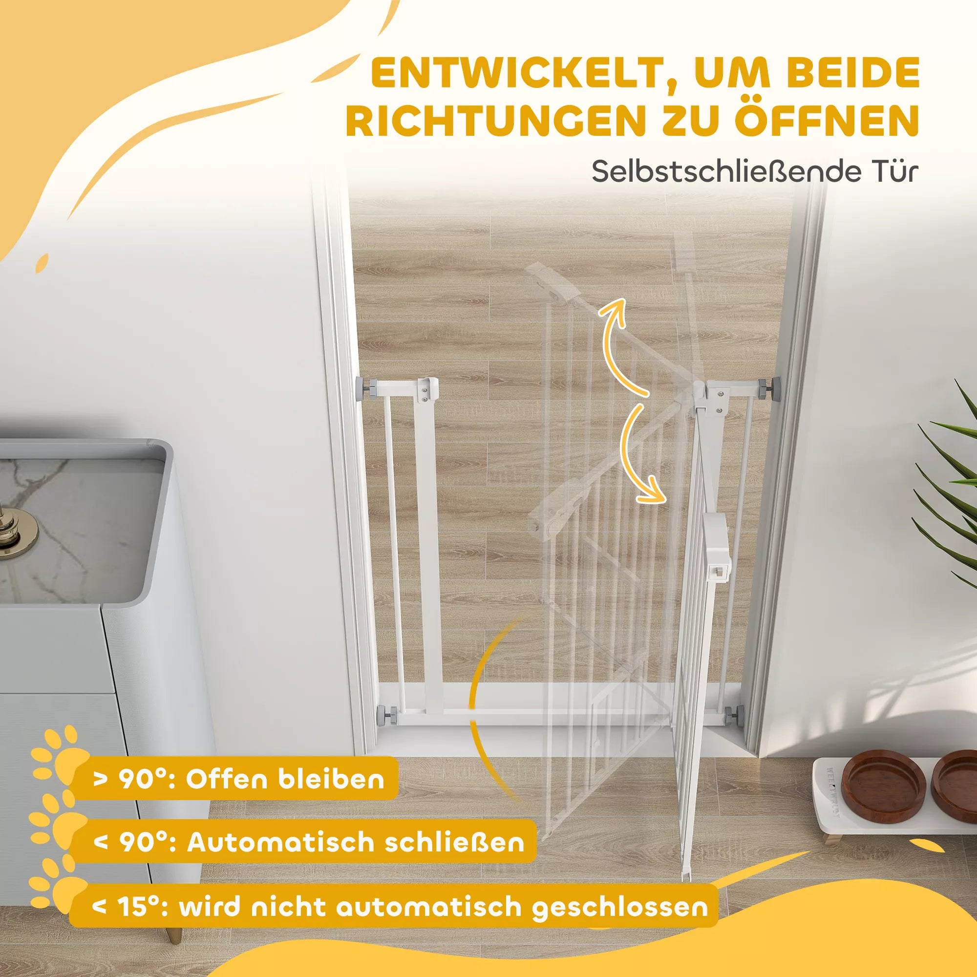 Apsauginiai varteliai su kačių durelėmis, montuojami be gręžimo, reguliuojamo pločio 74-80 cm, atidaromi viena ranka, metaliniai, balti