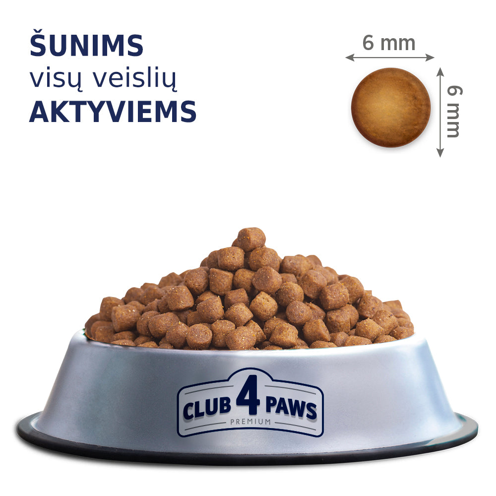 CLUB 4 PAWS PREMIUM "ACTIVE". VISAVERTIS SAUSAS PAŠARAS SUAUGUSIEMS AKTYVIEMS VISŲ VEISLIŲ ŠUNIMS
