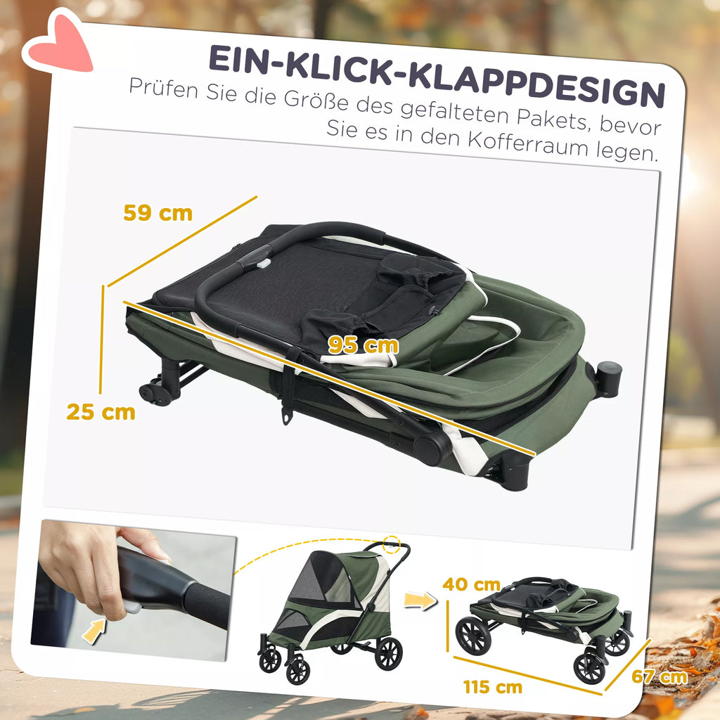 Šunų vežimėlis, sulankstomas šunų vežimėlis dideliems šunims, keturratis naminių gyvūnų vežimėlis, saugos diržai, stabdžiai, tamsiai žalias