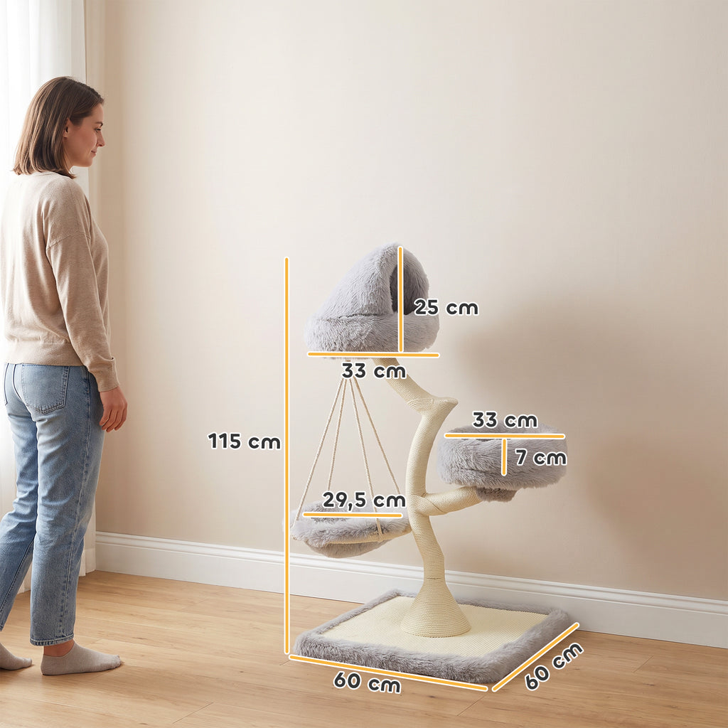 Draskyklė 115 cm medžio formos su 2 skalbiamais guoliais, hamaku ir sizalio stulpu, katei iki 6 kg, šviesiai pilka