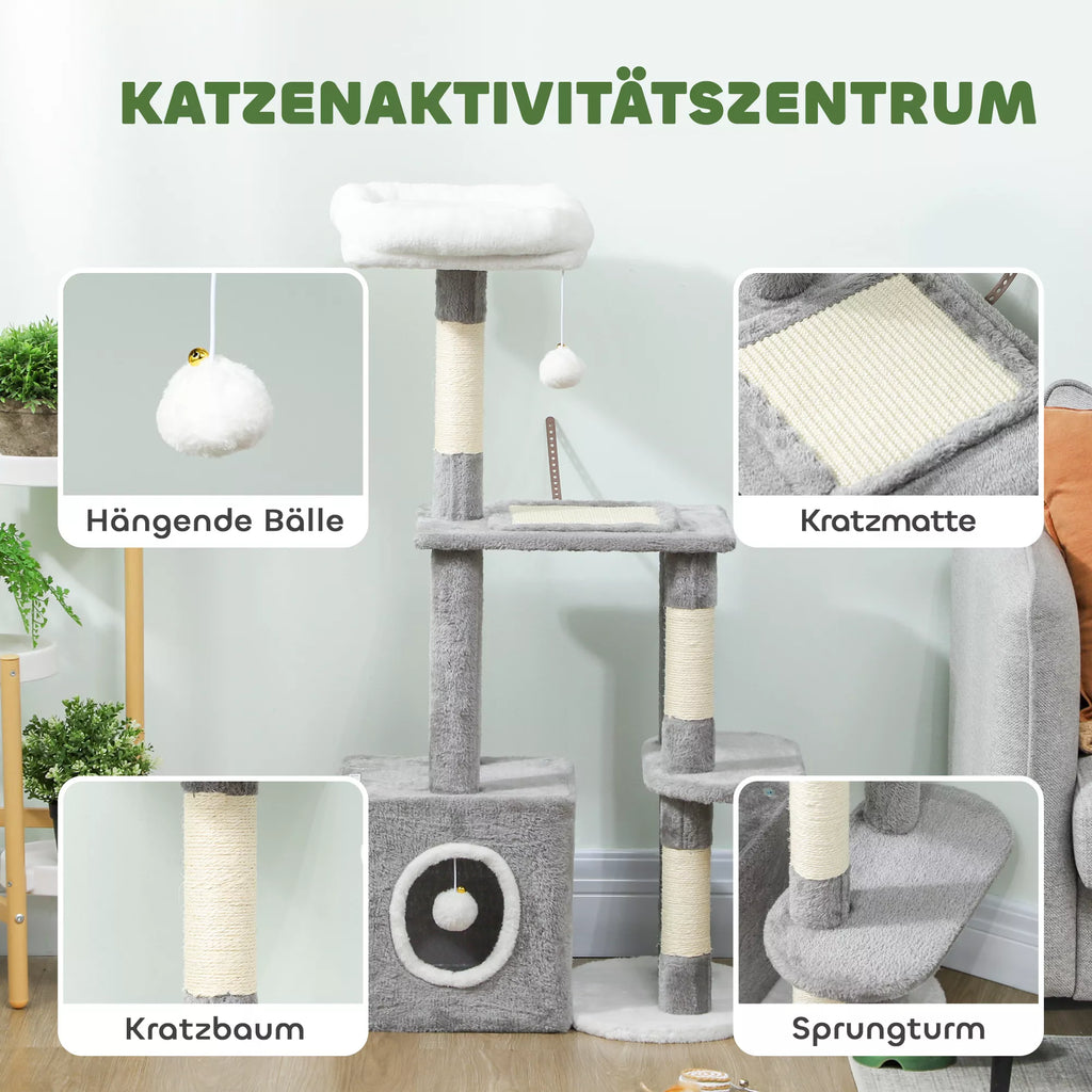 107 cm kačių medis, kačių bokštas su urveliu, 2 pliušiniai kamuoliukai, sisaliniai stiebai, didelė platforma, 55x40x107 cm, pilkos spalvos