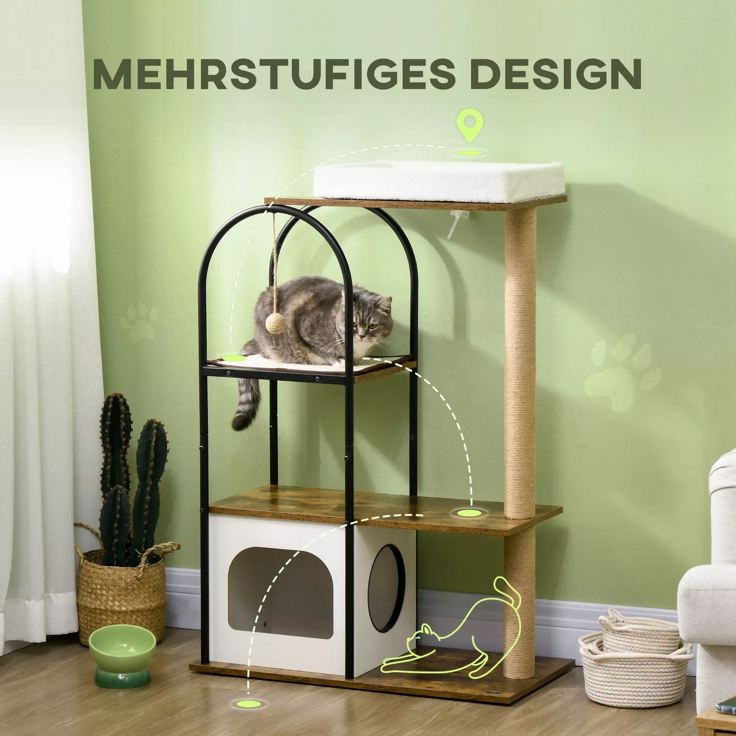 Katino medis, 4 aukštų, katės namelis, žaidimo kamuoliukas, apsauga nuo apvirtimo, 80x40x118,5 cm, Ruda/Balta