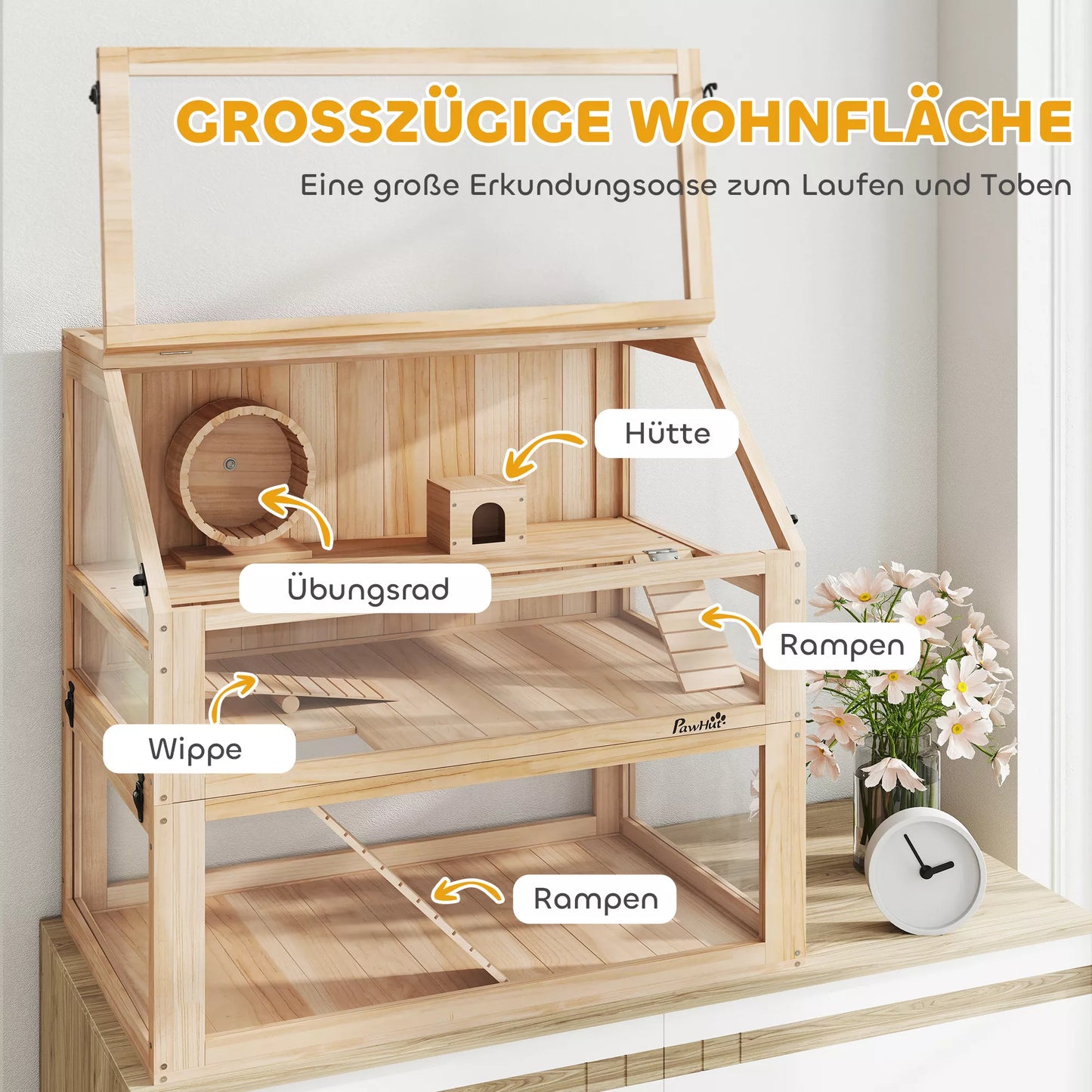 Medinis žiurkių narvas, 3 aukštai Nagarium graužikų narvas su atverčiamu dangčiu Bėgimo ratas 80 x 50 x 76 cm Natūralus medis