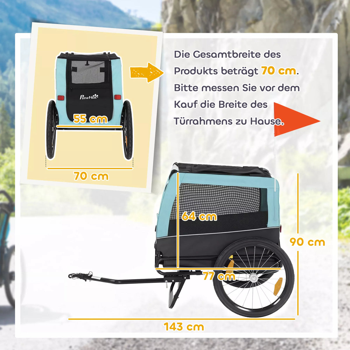 Kokkupandav koerte jalgrattakäru helkurite ja jalutusrihmaga, keskmise suurusega koertele kuni 20 kg, 143 x 70 x 90 cm, helesinine