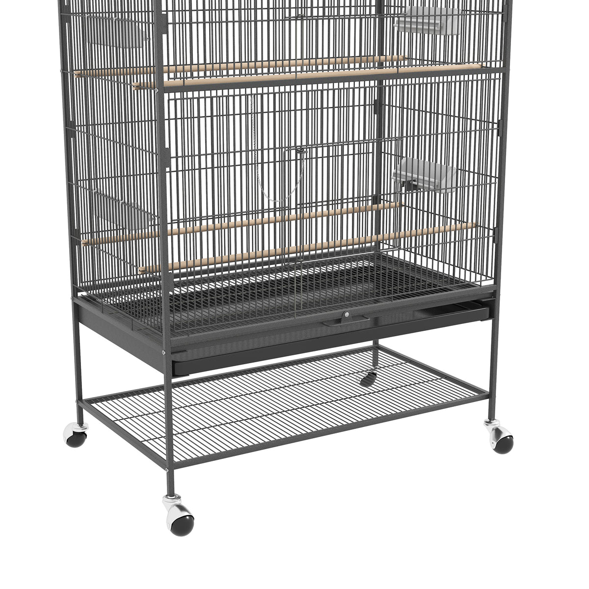 Narvas paukščiams ant ratukų su laktomis, žaislais ir apatine lentyna, 94x57x153 cm, pilkas