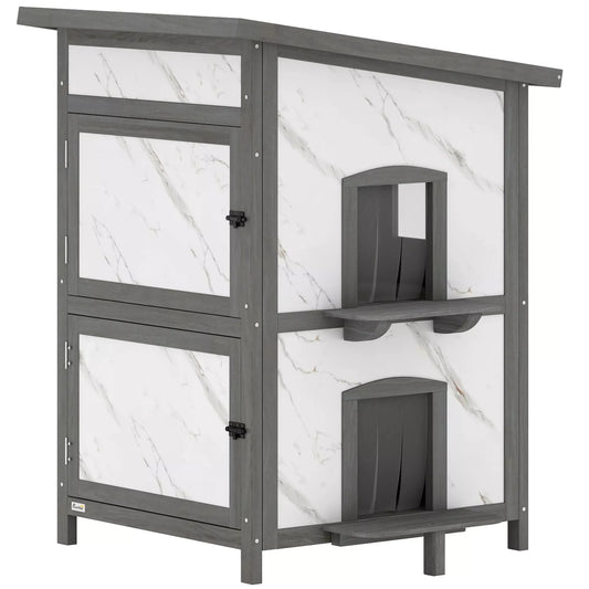 Lauko namelis katėms, medinis namelis katėms, keli įėjimai, langai, atsparus vandeniui, 60 x 60 x 88 cm, baltas