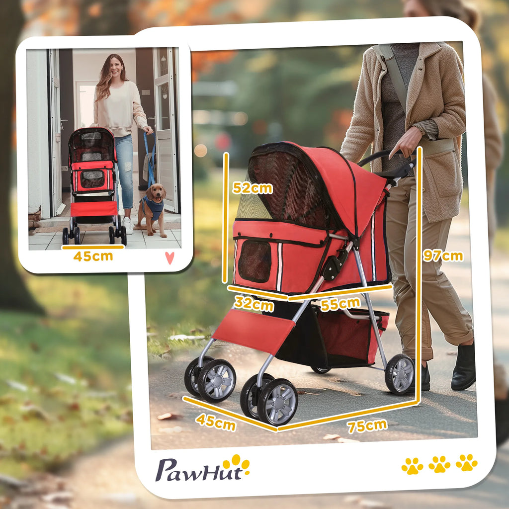 Sulankstomas šunų vežimėlis (trolley) iki 10 kg su puodelio laikikliu ir stogeliu nuo saulės, raudonas
