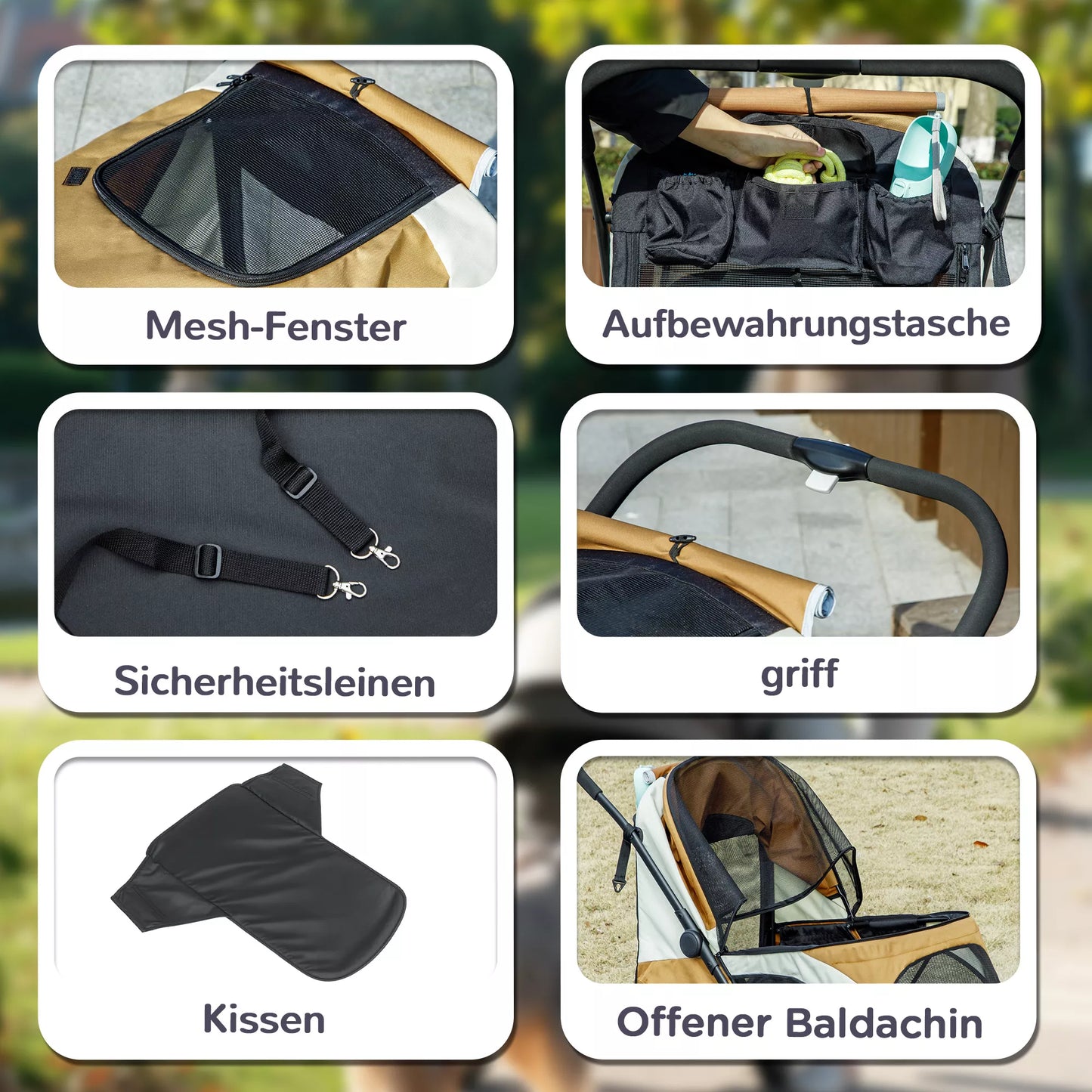 Šunų vežimėlis, sulankstomas šunų vežimėlis dideliems šunims, keturratis naminių gyvūnų vežimėlis, saugos dirželiai, stabdžiai, rudos spalvos