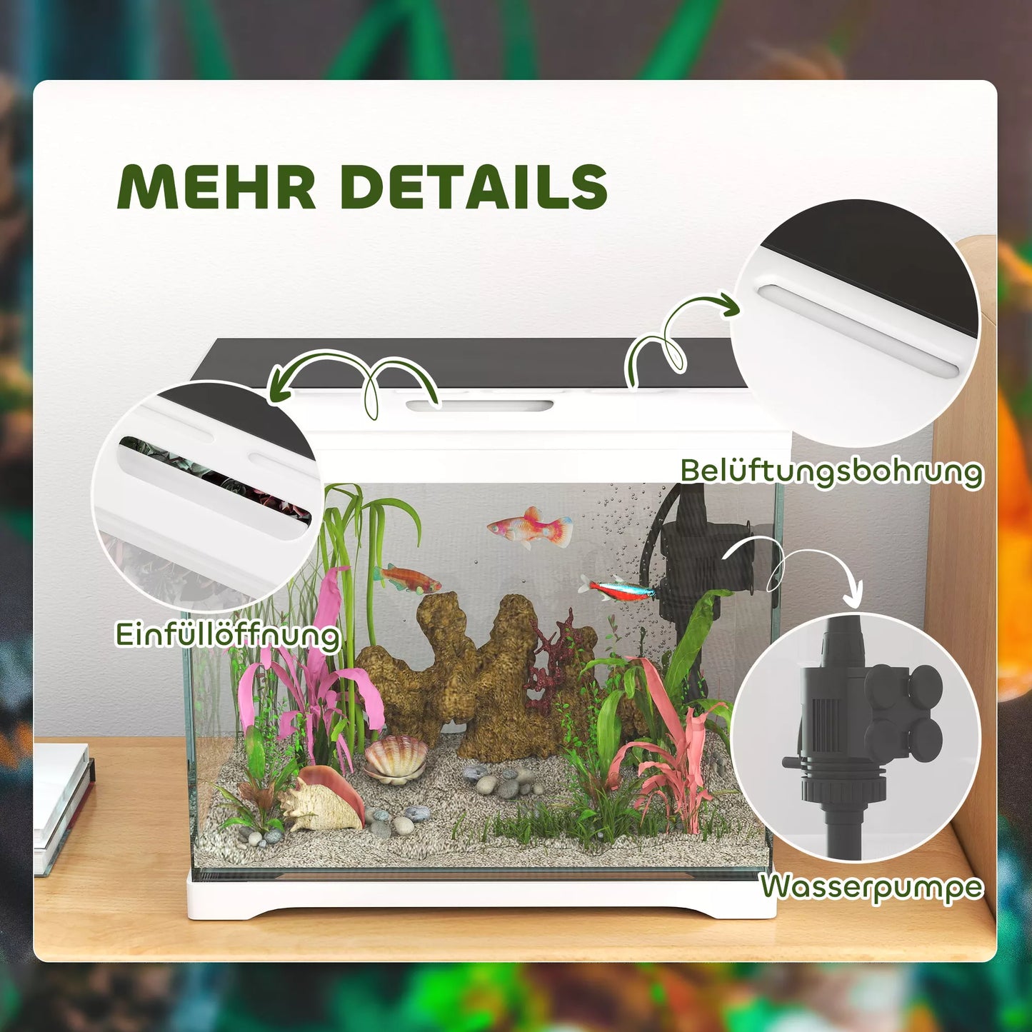 Akvariumas, 17 L tropinių žuvyčių akvariumas, lengva priežiūra, aiškus vaizdas, su LED apšvietimu, 35I x 21P x 31A cm, Baltas+Juodas