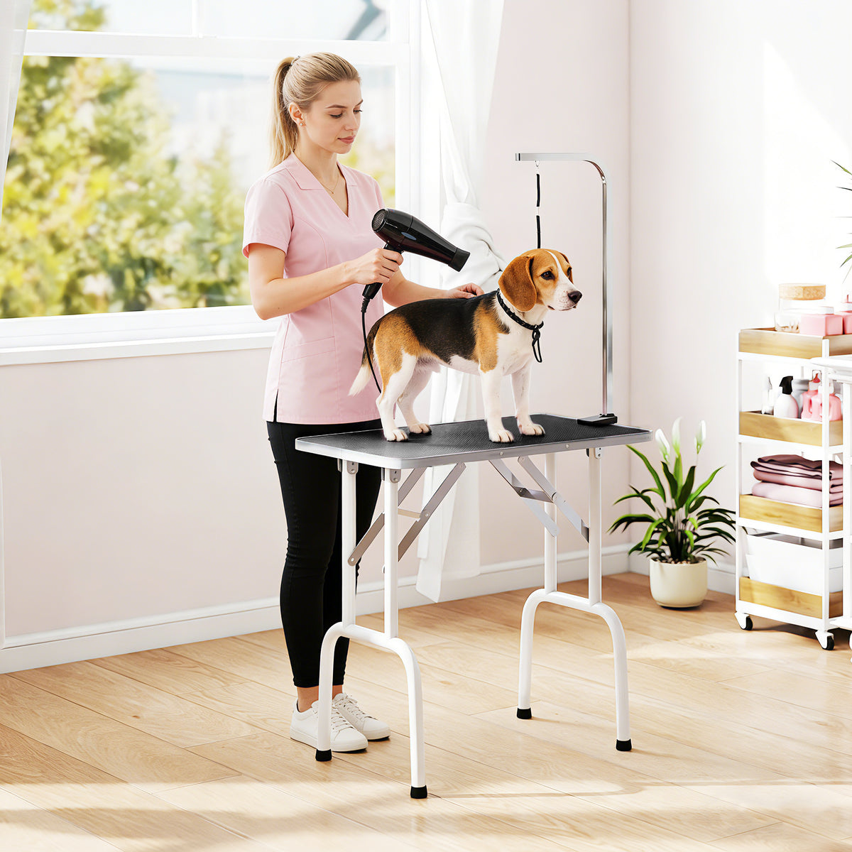 Kirpimo stalas šunims 81x48,5x80 cm, sulankstomas, su laikikliu ir kilpa, neslystantis, iki 20 kg, juodas