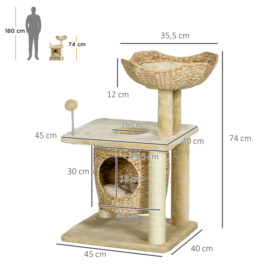 Draskyklė 74 cm su urveliu, gultu ir žaislu, 1–2 katėms iki 5 kg, smėlio spalvos