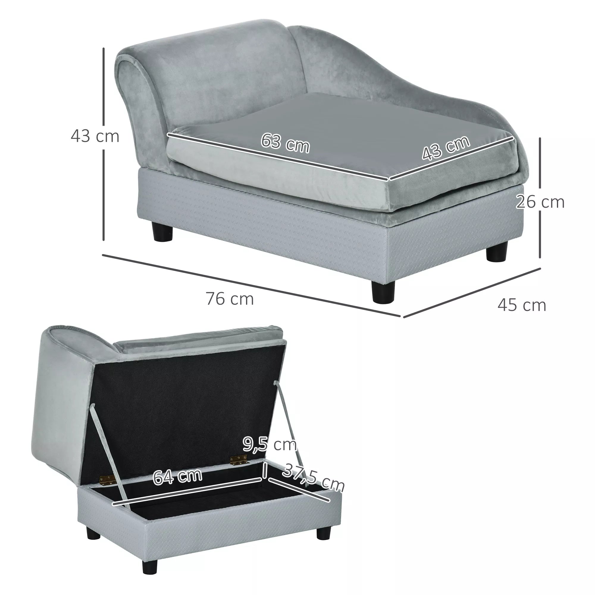 Sofa augintiniui su daiktadėže, minkšta pagalvėle, iki 15 kg apkrovos, pliušiniu užvalkalu, kieto medžio rėmu, šviesiai pilkos spalvos