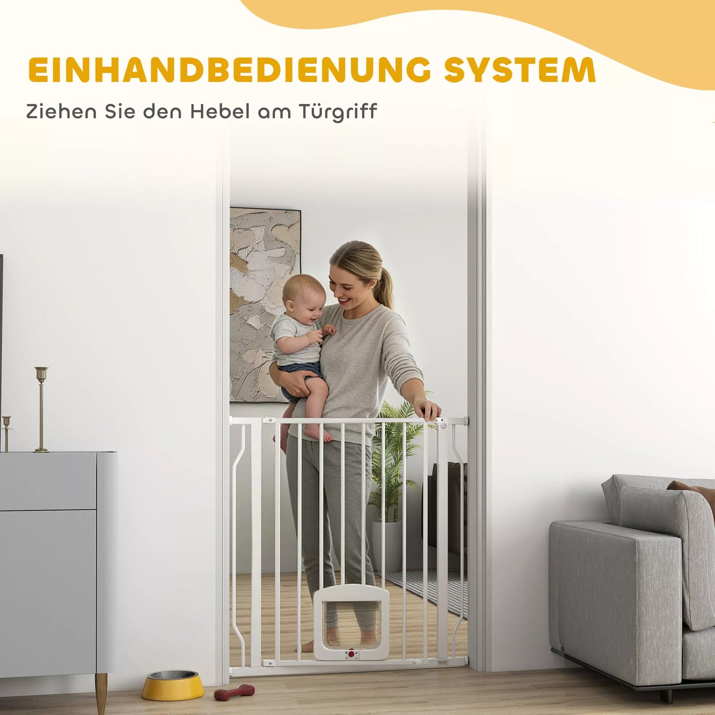 Laiptų apsauginė grotelė Durų apsauginė grotelė su katės liuku be gręžimo 75–85 cm iš plieno šunims, laiptams, durims, balta