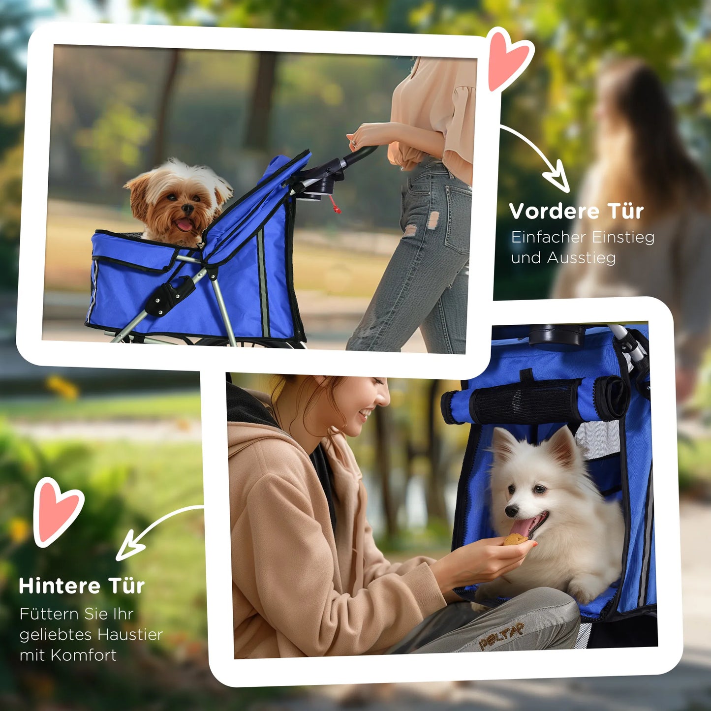 Sulankstomas šunų vežimėlis iki 10 kg, su reguliuojamu stogeliu, 2 puodelių laikikliais ir apatine talpa, mėlynas