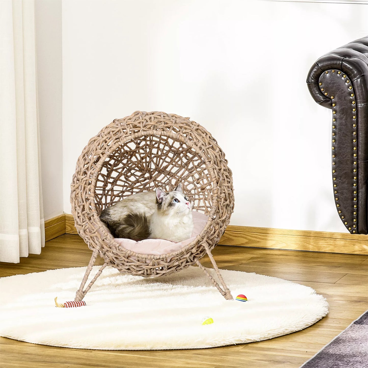 Rattan cat house with cushion, cat sleeping place, cat bed with raised legs, natural, Ø52 x 58 cm
