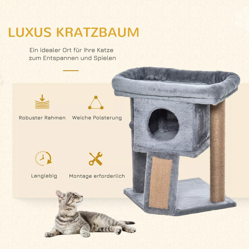 Kaķu māja 57 cm. Maza kaķu māja ar kaķu gultu, guļamplatformu, kaķu nagu skrāpēšanas stabu ar nagu dēli, rotaļu bumbu, mēbeli kaķiem līdz 5 kg. Gaiši pelēka.