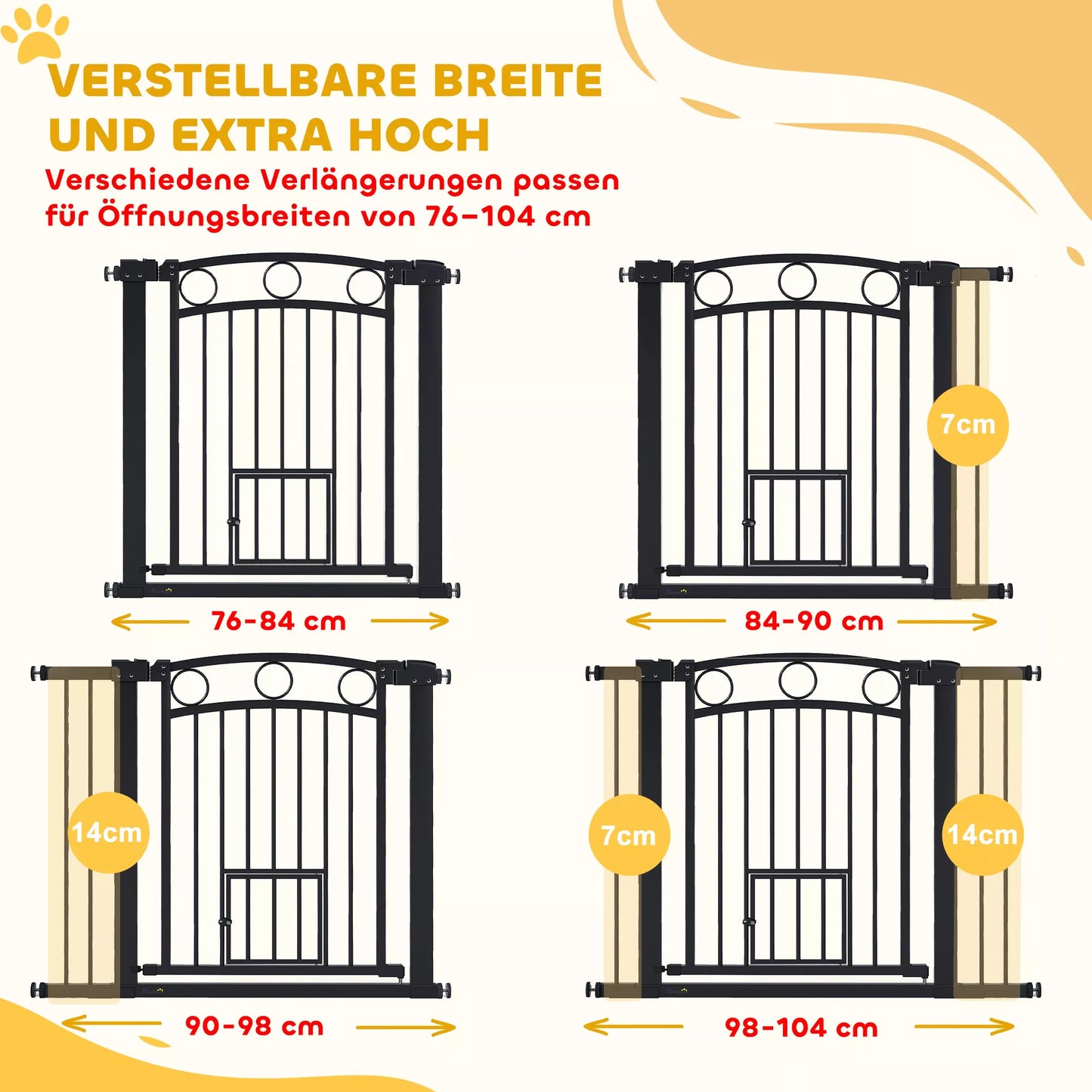 Mājdzīvnieku vārtiņi, 77 cm Kāpņu vārtiņi, regulējams platums 76-104 cm, ar kaķu durvīm, kāpnēm un durvju ailēm, melni