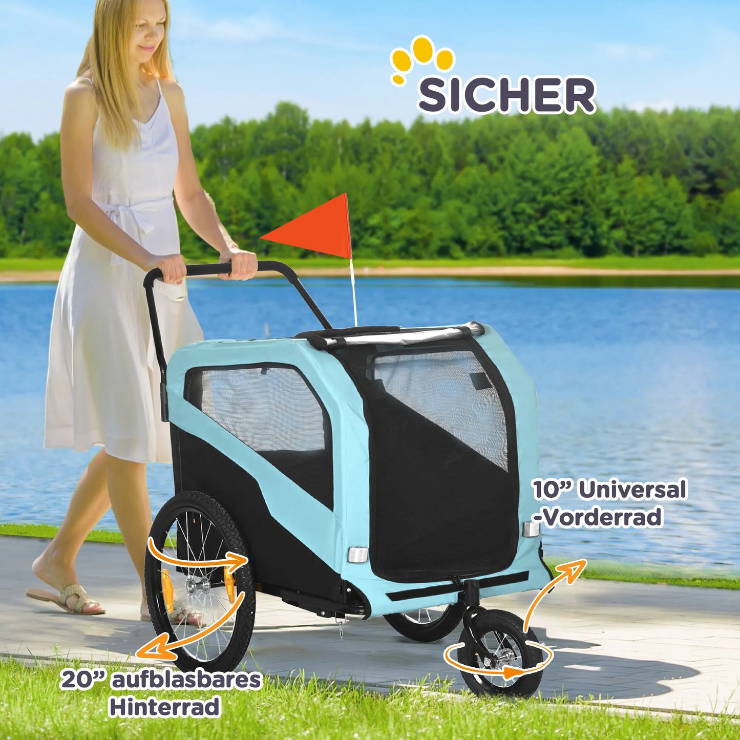 2-in-1 šunų priekaba Šunų vežimėlis Dviračių priekaba iki 30 kg Sulankstoma Stumiamoji funkcija 2 įėjimai Tinklinis langas Apsauga nuo saulės Plieninis rėmas Šviesiai mėlyna 170 x 77 x 90 cm