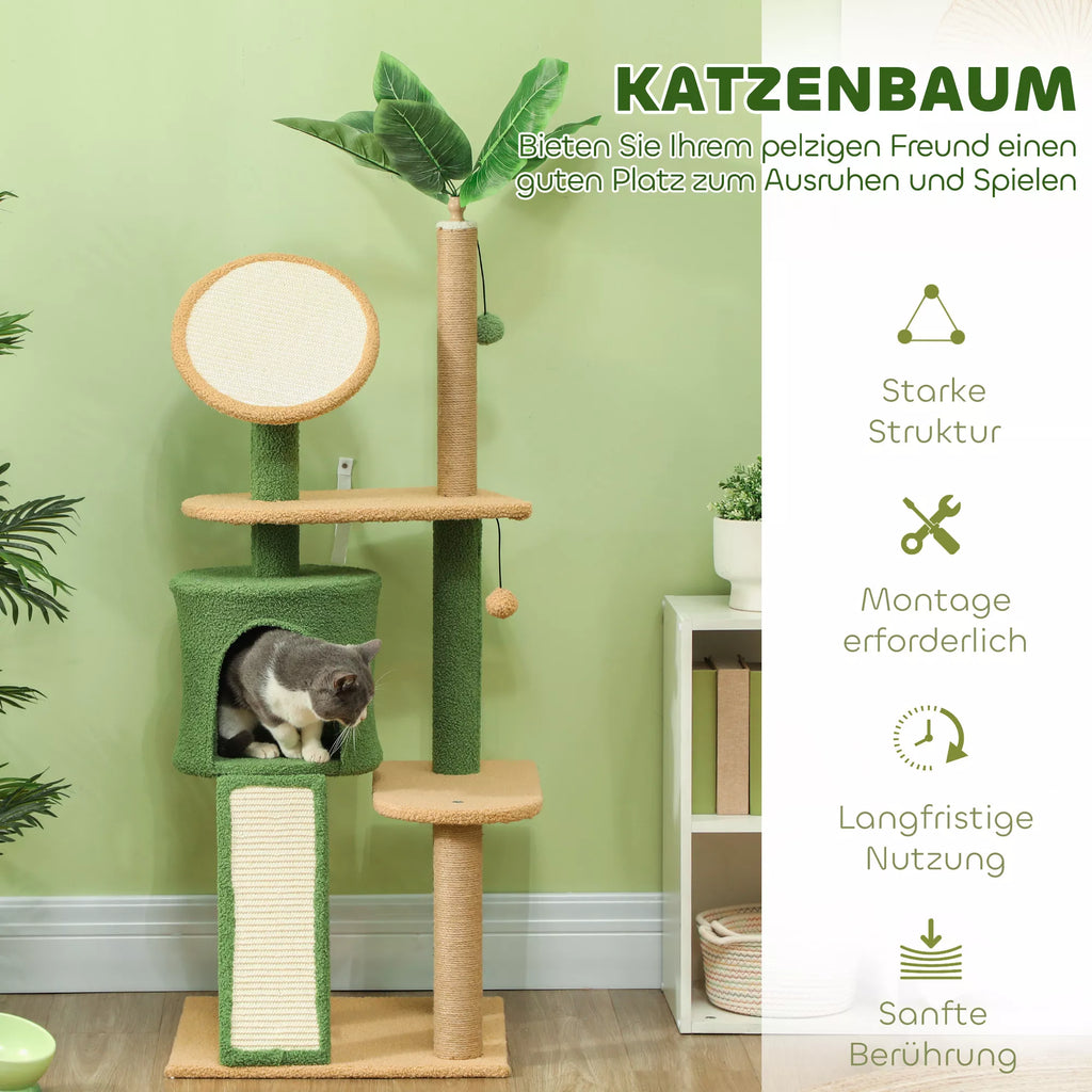 Aukšta kačių draskyklė-medis su nameliu ir platformomis, 139 cm (žalia)