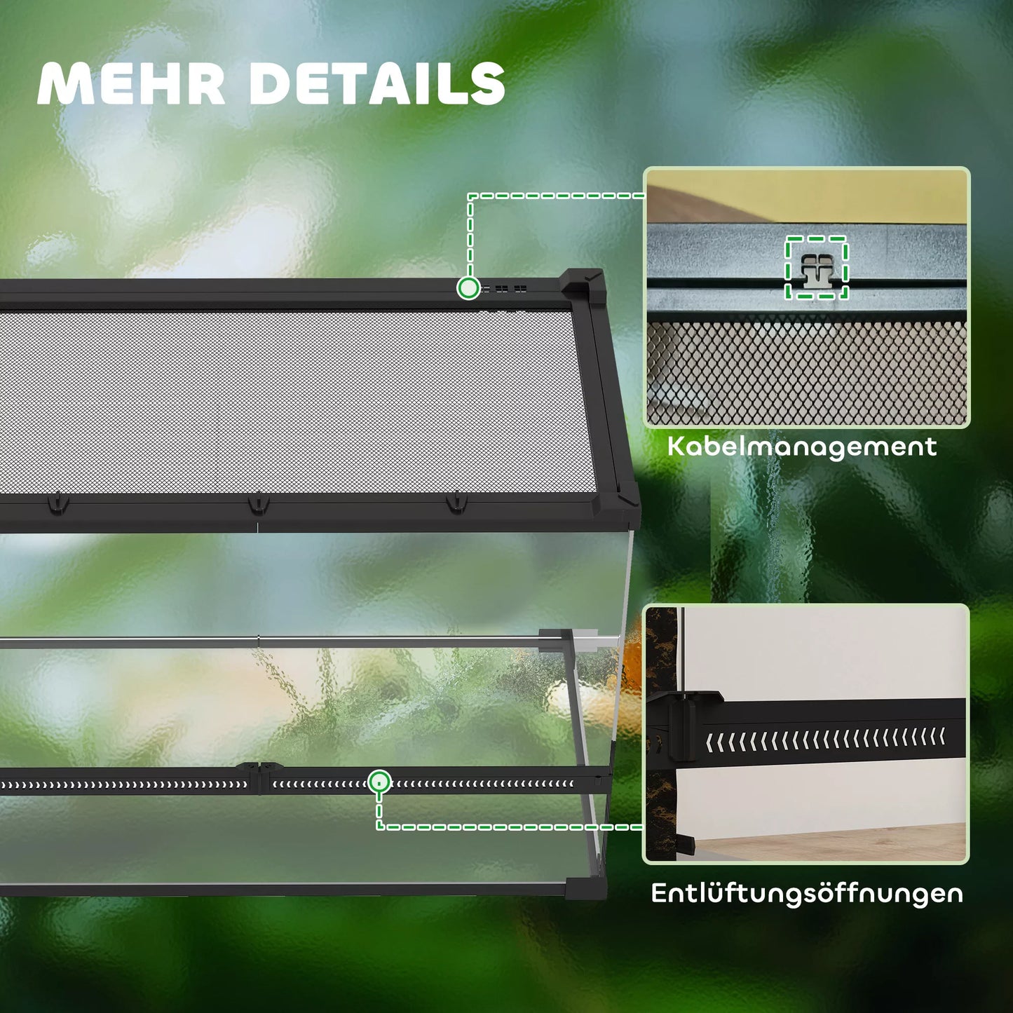 Stiklinis terariumas ropliams, pakeltas ir vandeniui atsparus dugnas, mygtukinė spyna