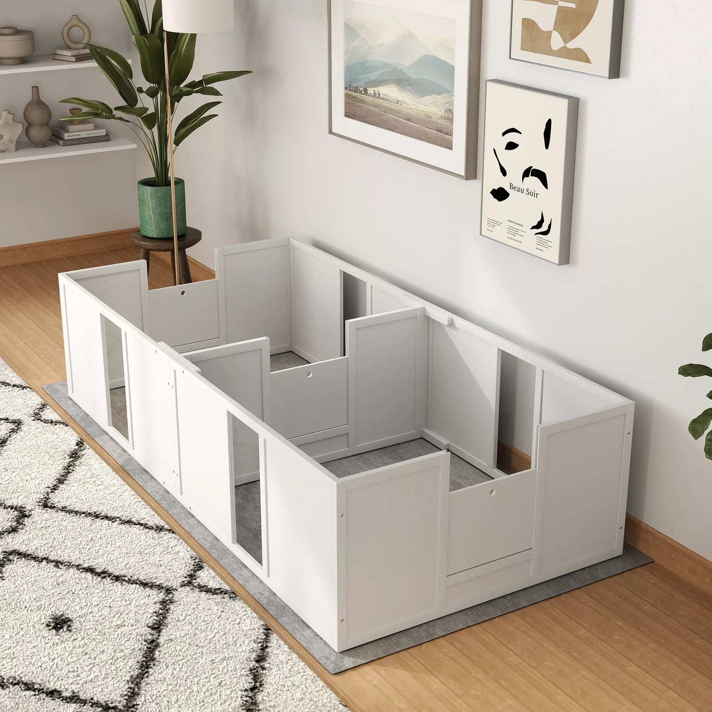 PawHut vaislas būris kucēniem, sadalīts 2 nodalījumos, ar akrila logu, 196 x 96 x 48 cm, balts