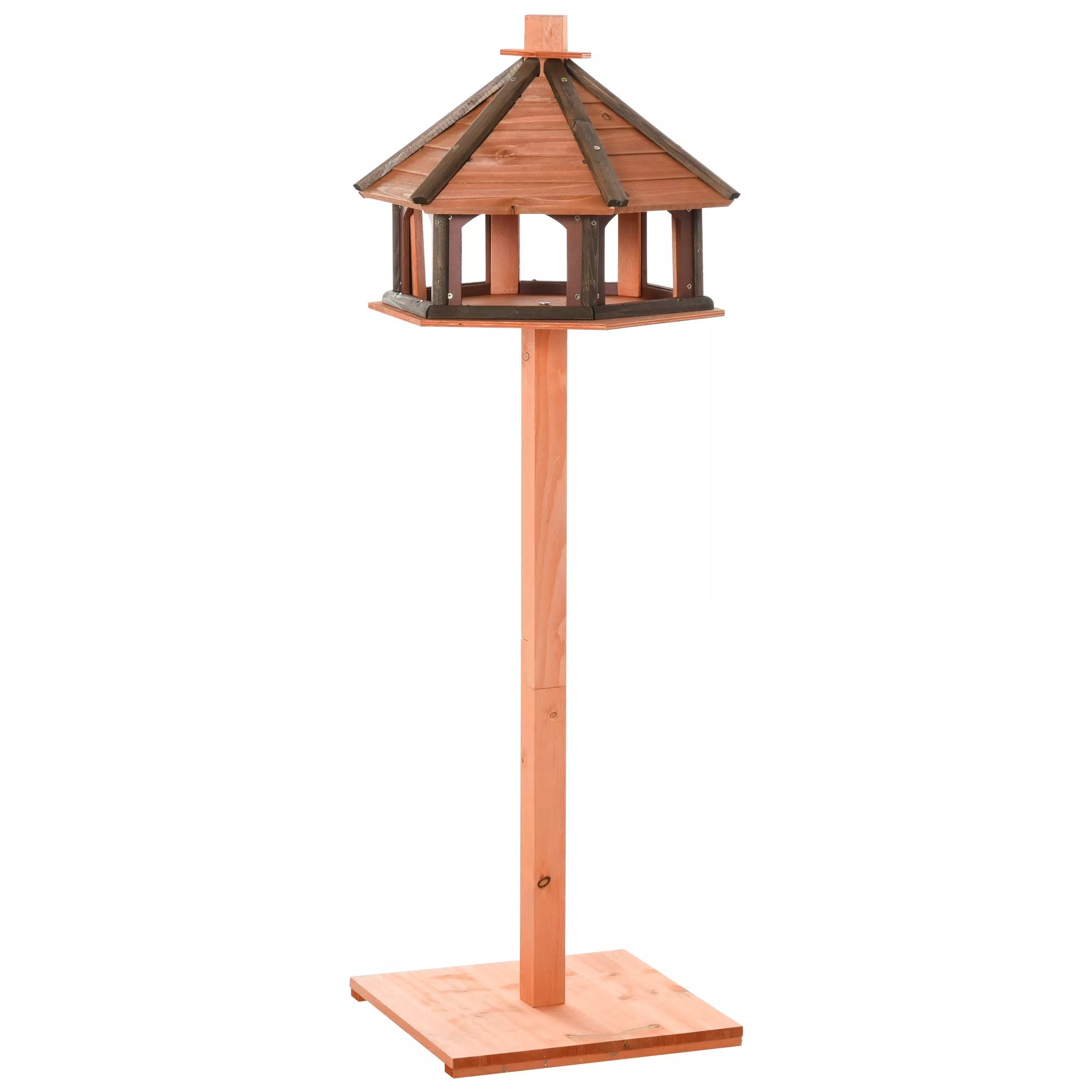 Paukščių namelis su stovu, atsparus oro sąlygoms paukščių lesykla su neperšlampamu stogu, medinė lesykla laukiniams paukščiams, Ø52 x 130A cm, natūrali