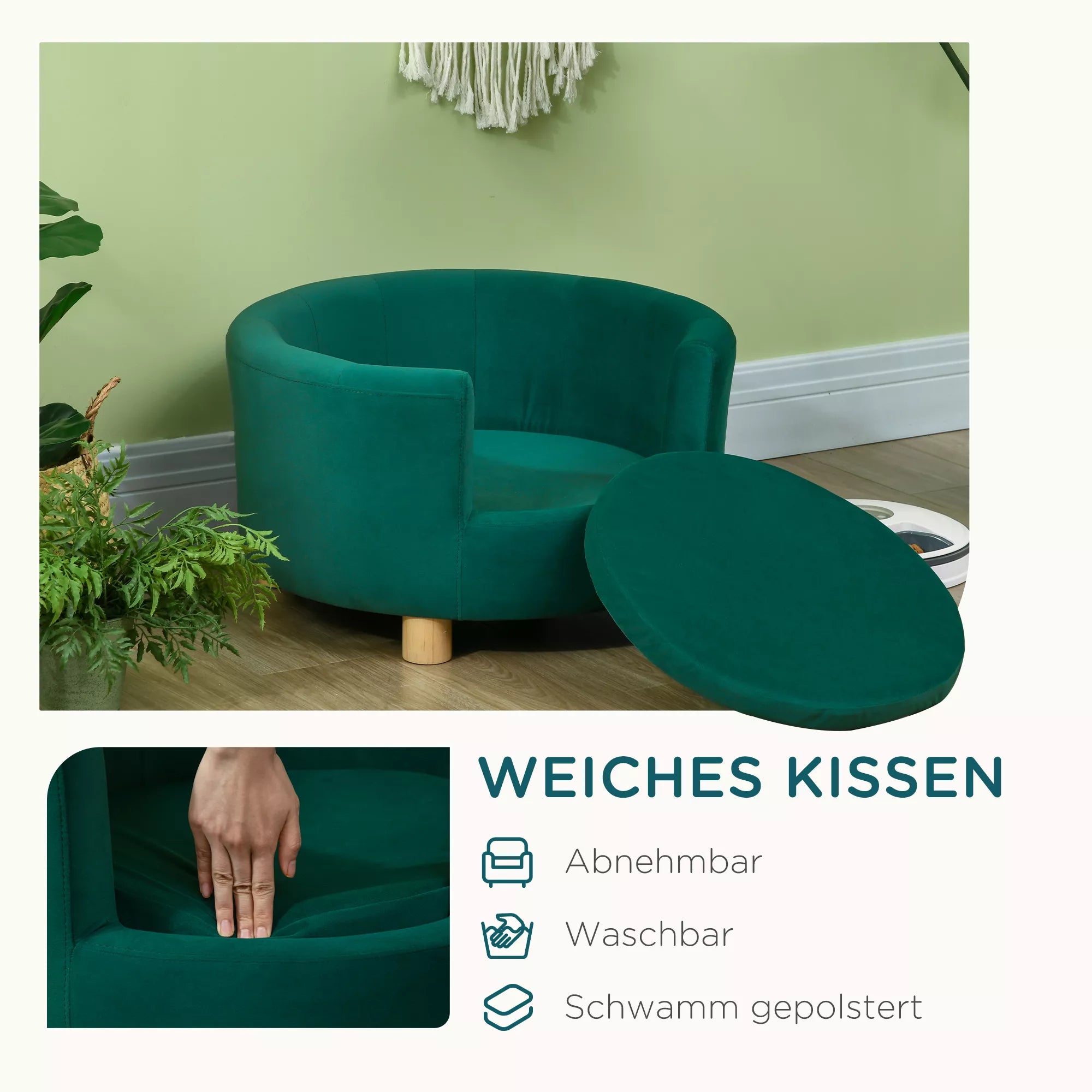 Šunų sofa, šunų kušetė, su skalbiamu užvalkalu, gyvūnėlių sofa su atlošu ir medinėmis kojelėmis, kačių sofa, mažiems šunims iki 4,5 kg, žalia
