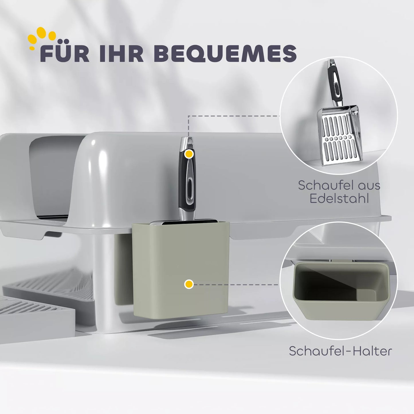 Katės tualetas, nerūdijančio plieno, aukštos sienelės, laikymo dėžutė, šviesiai pilkas