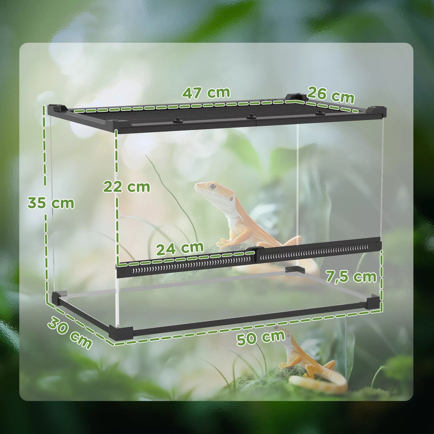 Stiklinis terariumas ropliams, pakeltas ir vandeniui atsparus dugnas, mygtukinė spyna
