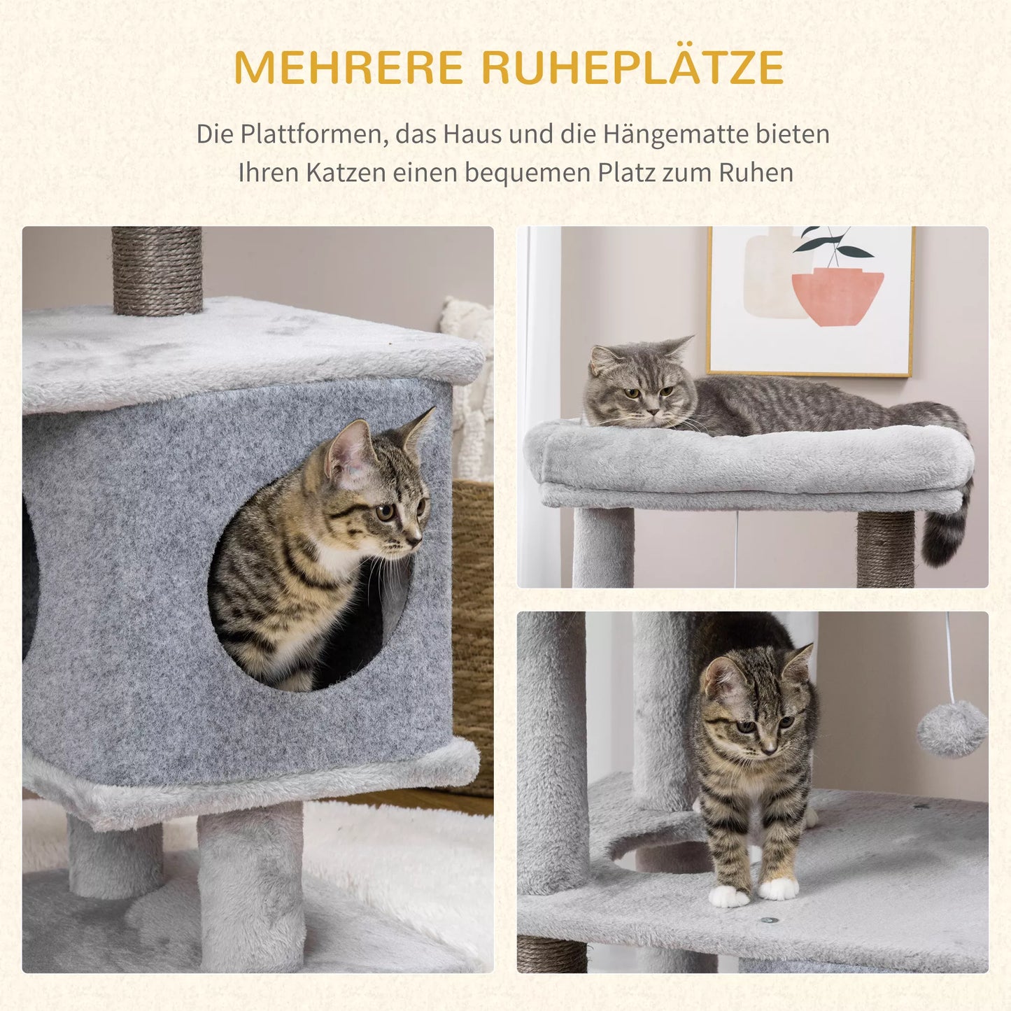 Aukšta draskyklė-medis katėms su 2 nameliais, guoliu ir platformomis, 142 cm, pilka