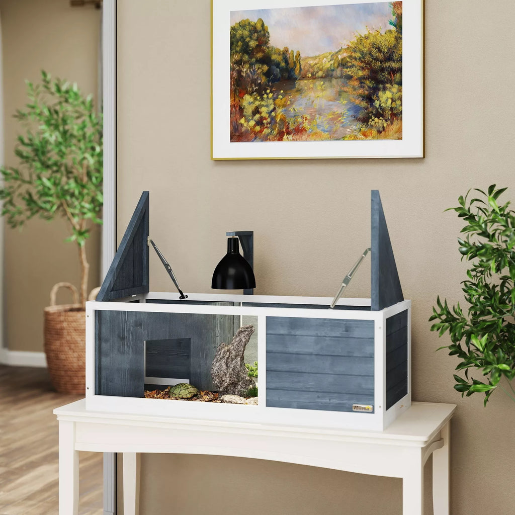Bruņurupuču mājiņa ar viegli atveramu augšpusi, lampas turētāju, caurspīdīgu priekšpusi, 120 x 50 x 40 cm, pelēka