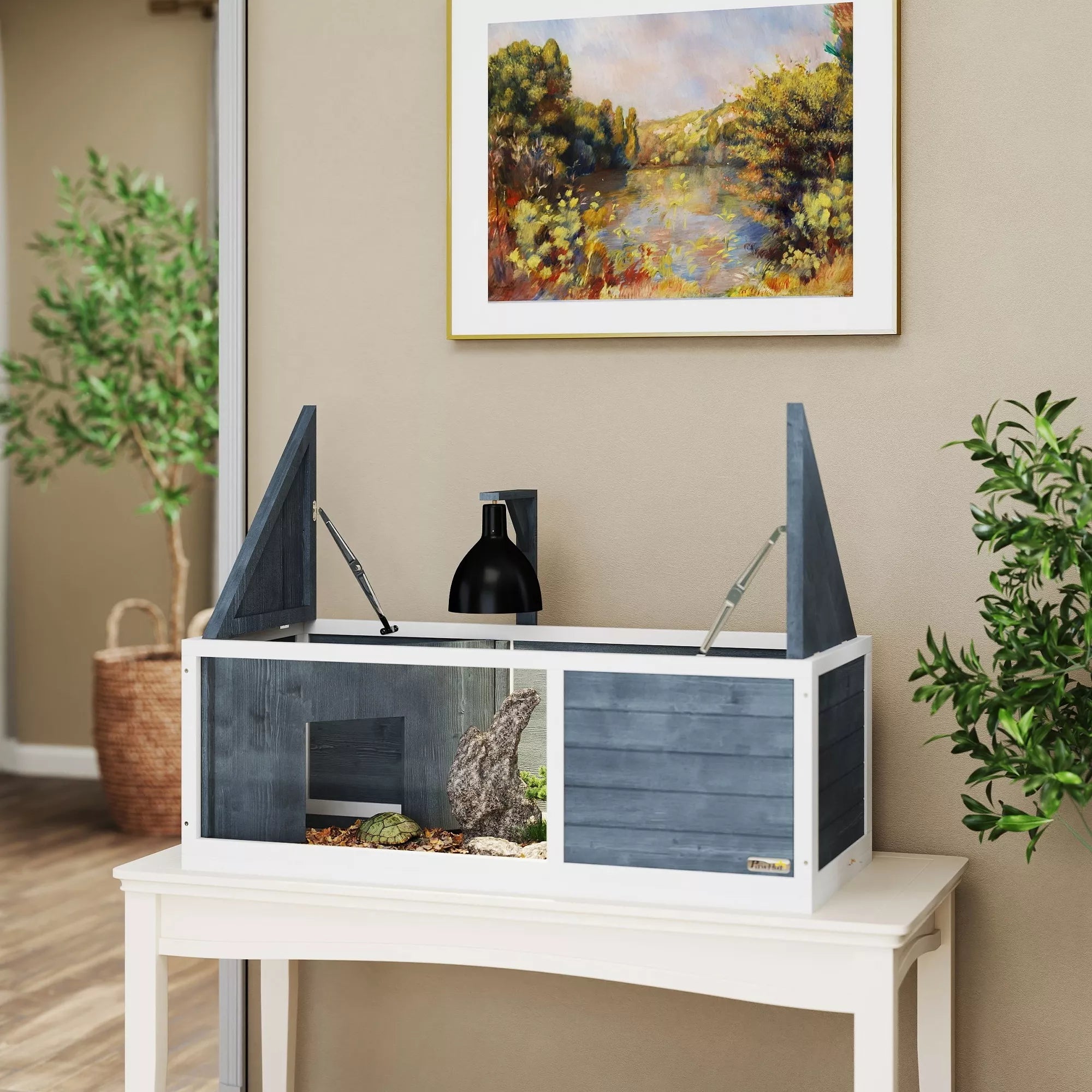 Bruņurupuču mājiņa ar viegli atveramu augšpusi, lampas turētāju, caurspīdīgu priekšpusi, 120 x 50 x 40 cm, pelēka