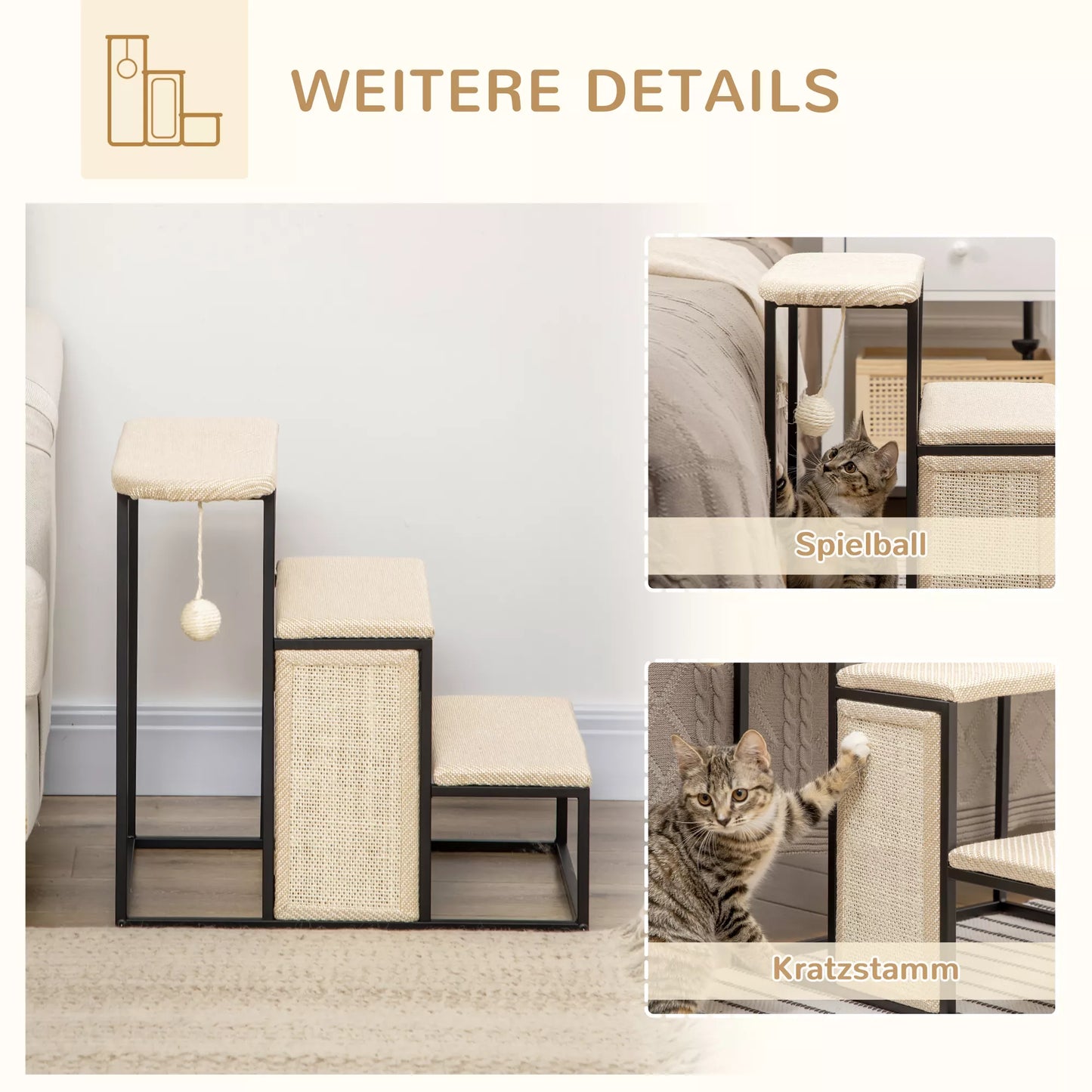 Katės laipteliai su draskykle, 3 pakopos, žaisliukas su kamuoliuku, tvirti, plienas+sisalas, kreminės baltos+juodos spalvos, 51 x 54 x 53cm