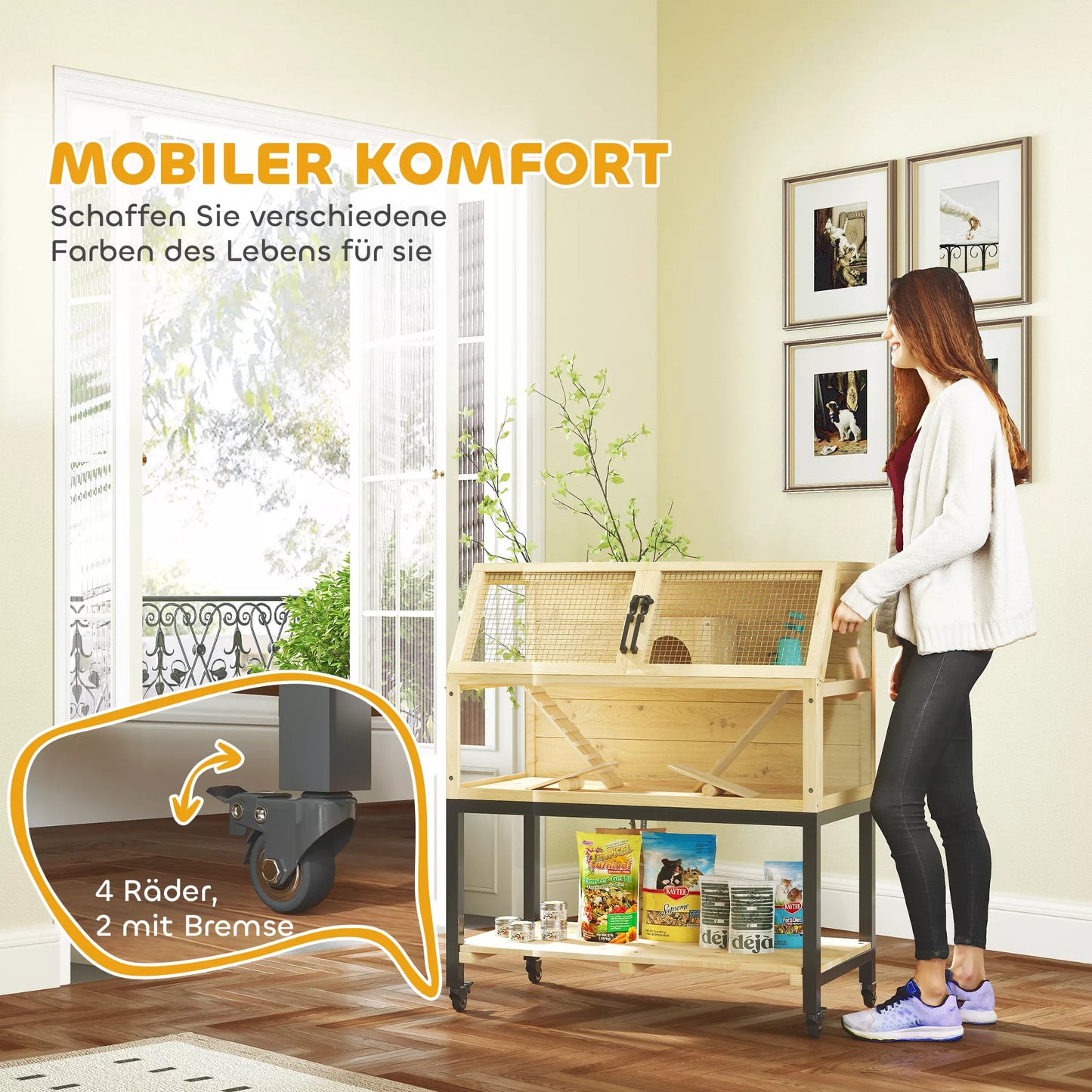 Medinis narvelis nykštukiniams žiurkėnams su laikymo skyriumi, ratukais, rampomis, vandens buteliuku, nameliu, sūpynėlėmis, 87 x 43 x 101cm