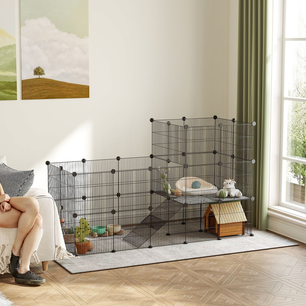 Aptvaras nykštukiniams triušiams ir jūrų kiaulytėms iš 39 plokščių, 2 aukštų su rampa, 140x70x105 cm, juodas