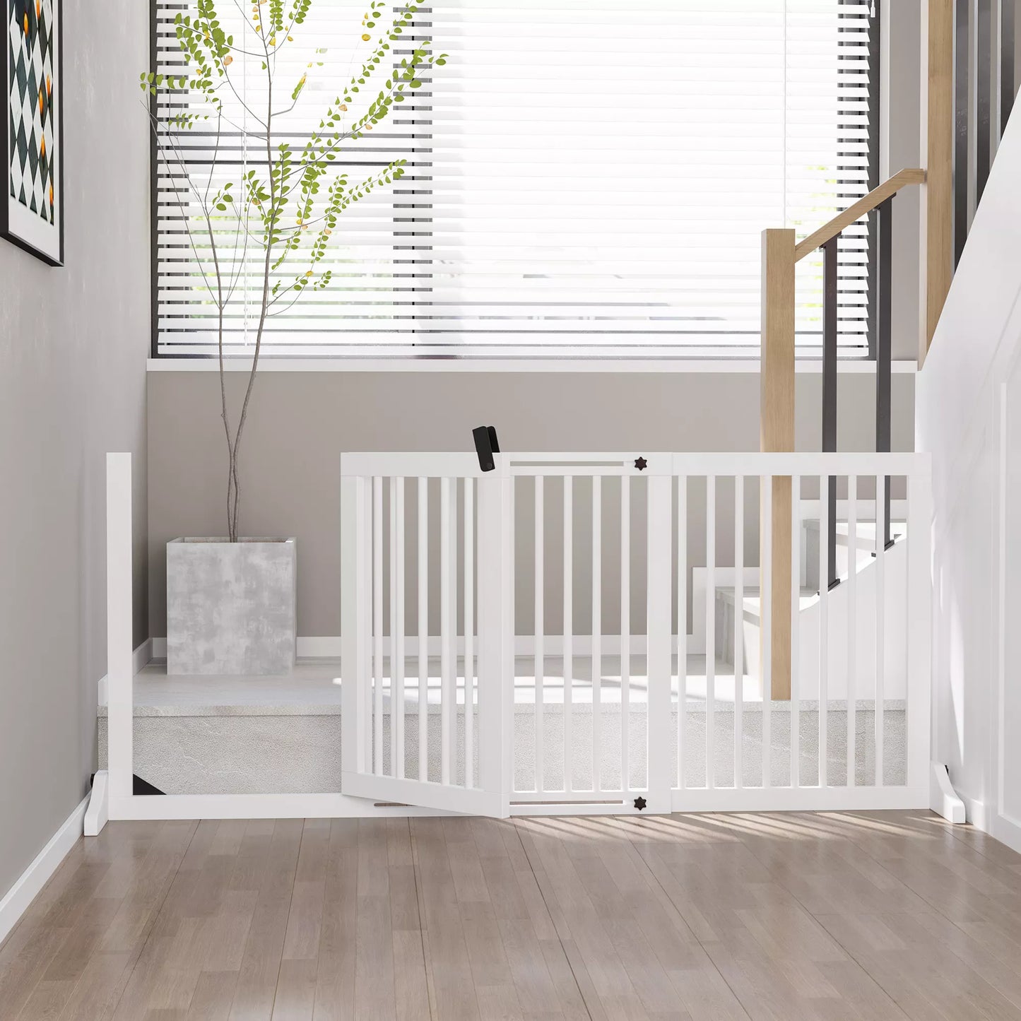 PawHut Medinis laisvai pastatomas šunų atitvaras su durelėmis, konfigūruojamas, tinka židiniui ir krosnelei, baltas 113-166 x 36 x 71 cm