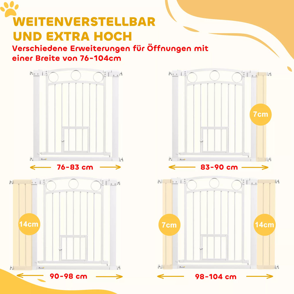 Mājdzīvnieku vārtiņi, 77 cm kāpņu vārtiņi, regulējams platums 76-104 cm, ar kaķu durvīm, kāpnēm un durvju ailēm, balti