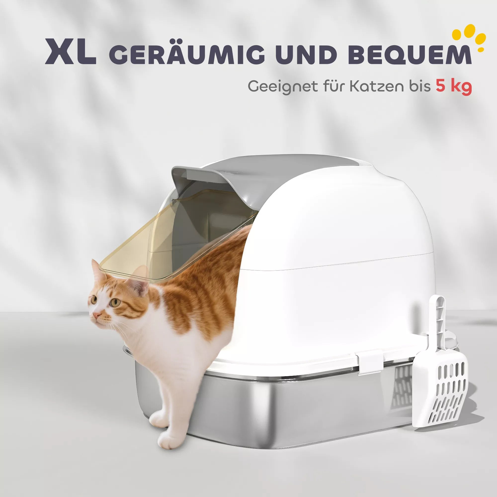Nerūdijančio plieno kačių tualetas su dangčiu, uždara dėžė su samteliu, plienas ir plastikas, katėms iki 5kg 52,4 x 41,3 x 42 cm, balta