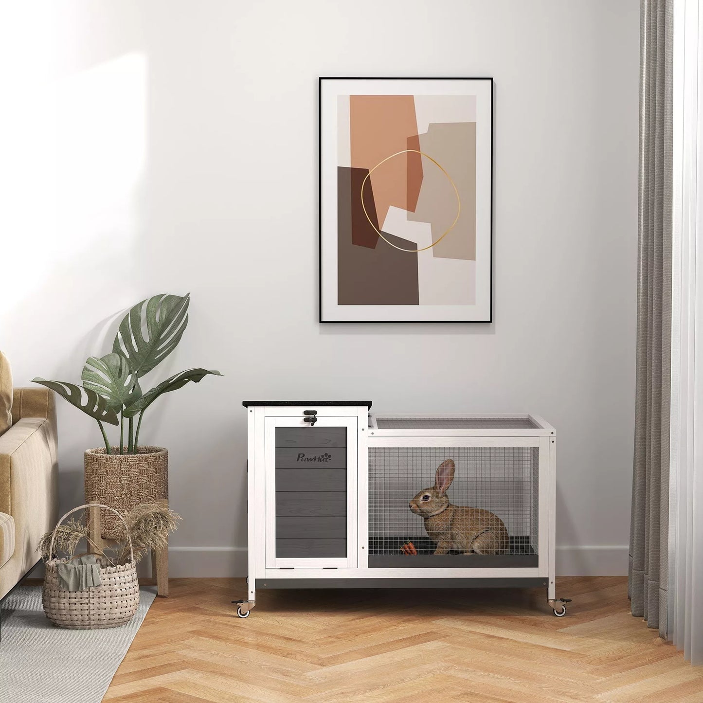 Medinė triušidė su lauko aptvaru, ratukais ir atlenkiamu stogu, skirta naudoti viduje ir lauke, 92 x 52 x 67 cm, tamsiai pilka