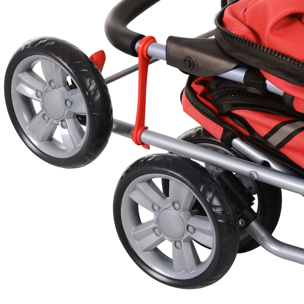 Sulankstomas šunų vežimėlis (trolley) iki 10 kg su puodelio laikikliu ir stogeliu nuo saulės, raudonas