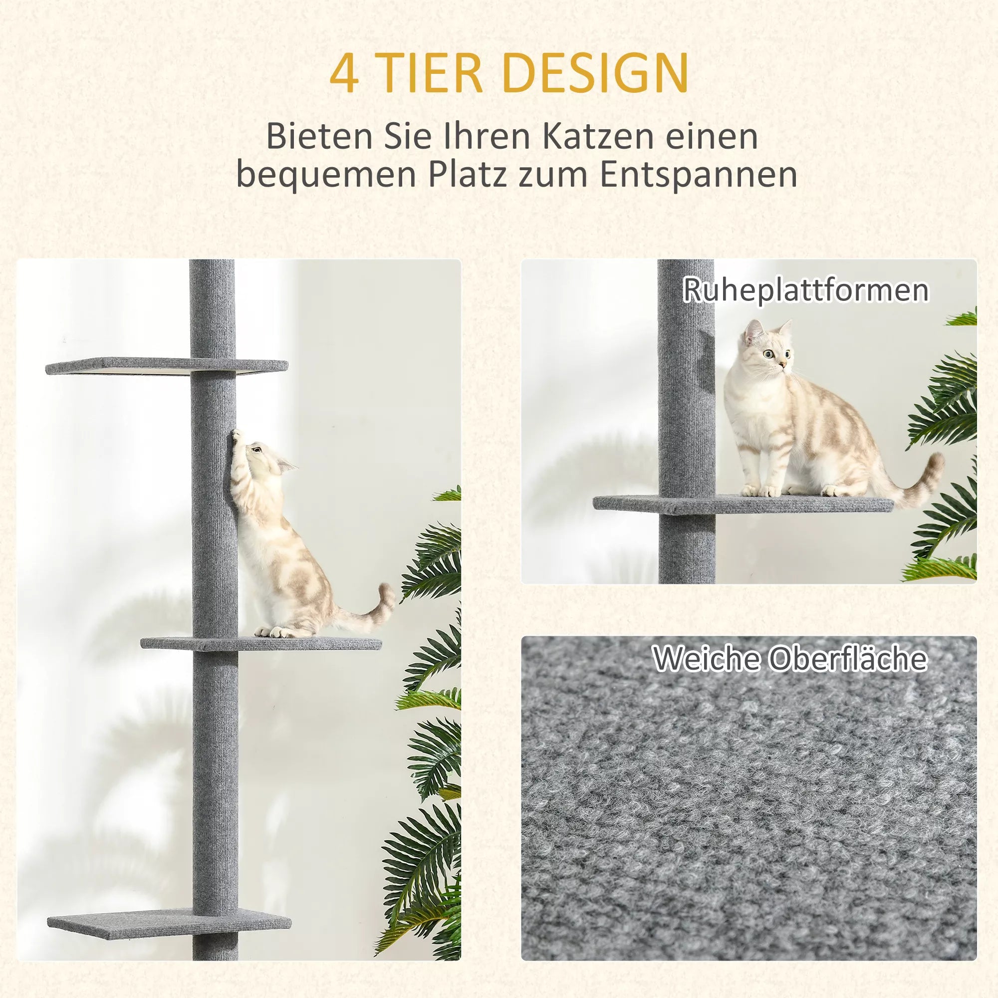 Griestu kaķu māja, augstums 228-260 cm, ar platformām, daudzlīmeņu, kāpšanas māja maziem un lieliem kaķiem, pelēka