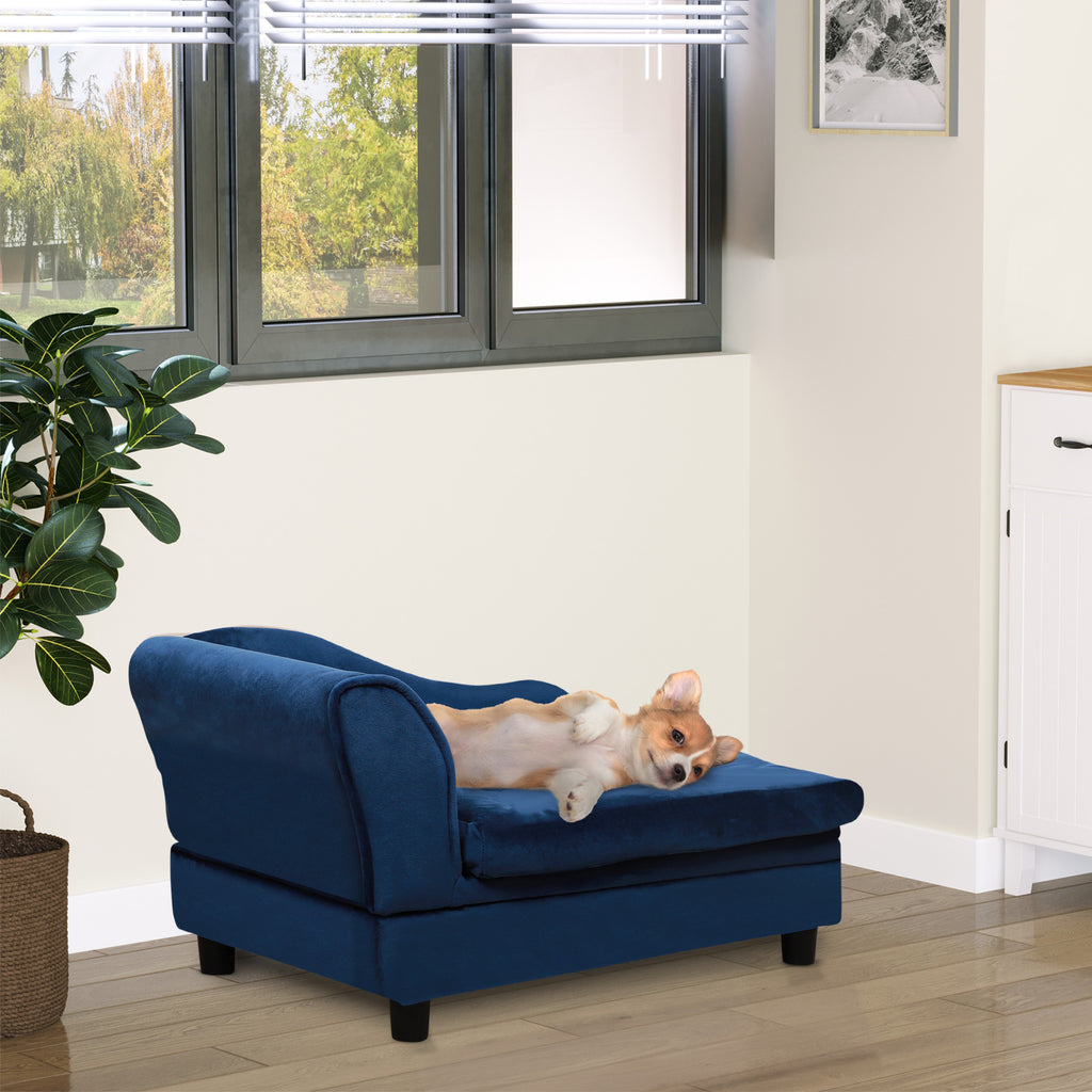 Sofa šunims ir katėms su daiktadėže ir pagalvėle, pliušinė, iki 15 kg, 76x45x43 cm, mėlyna