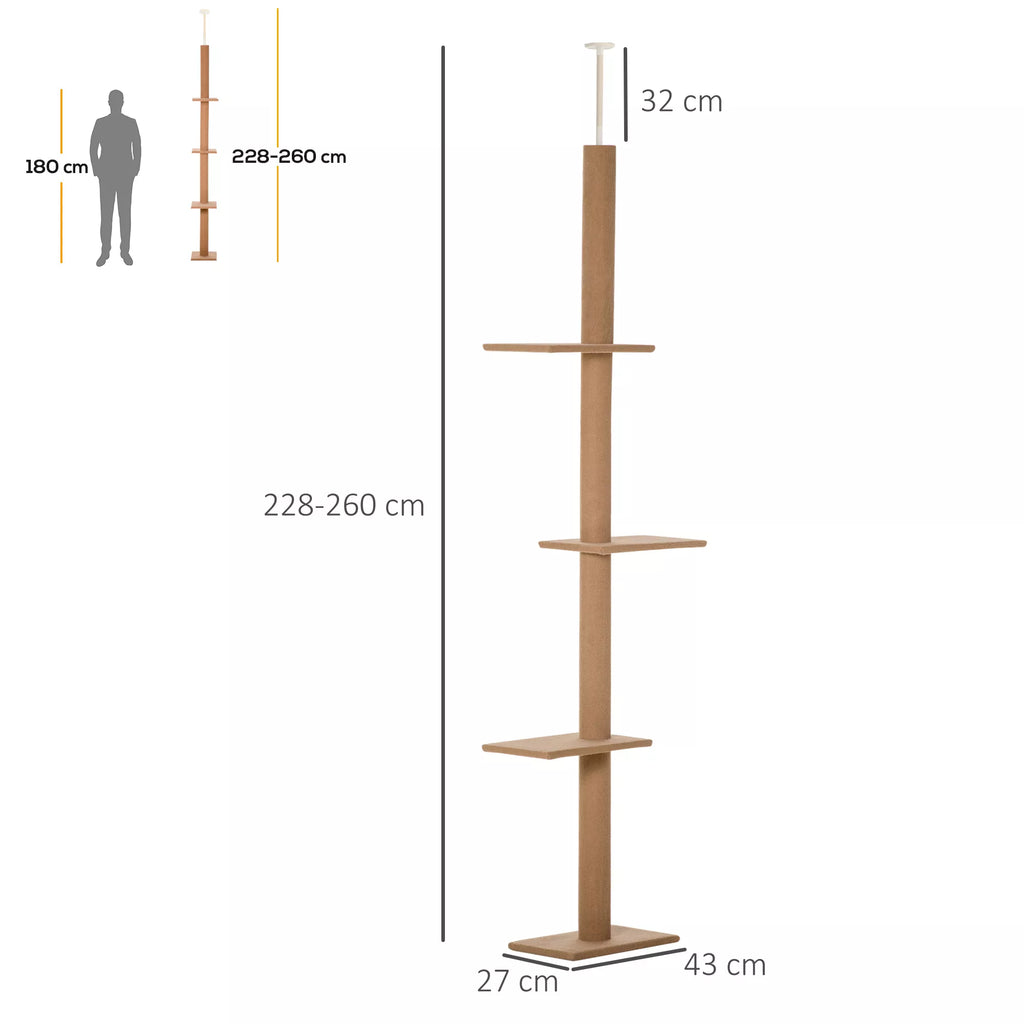 Lubinis kačių draskymo medis, 228-260 cm, aukščio reguliuojamas kačių laipynės medis su 3 lygiais, kačių draskyklė, žaidimų medis nuo grindų iki lubų, šviesiai rudas