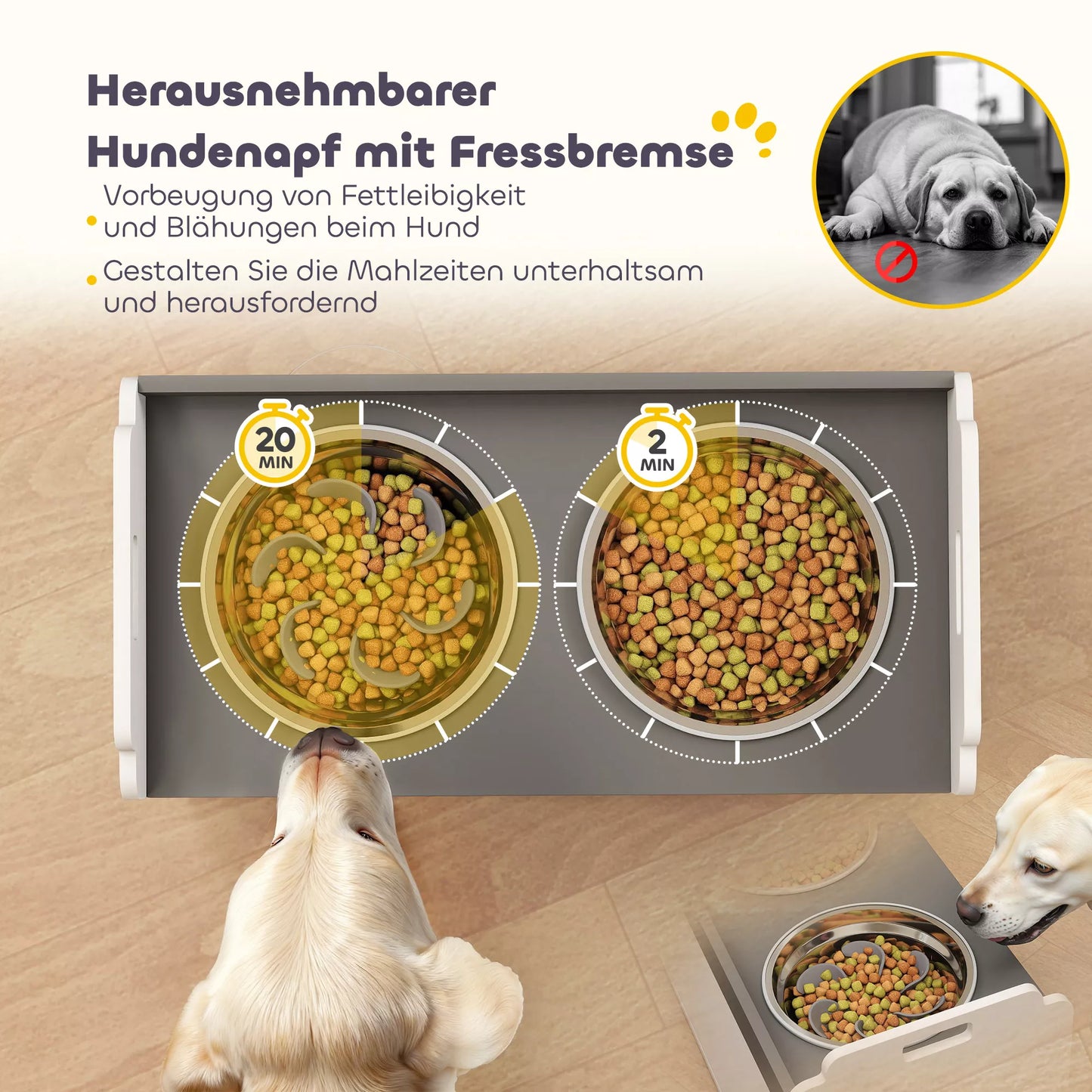 Paaukštintas šunų dubenėlių stovas su daiktų laikymo spintele, šėrykla su dviem dubenėliais, medis ir nerūdijantis plienas, 60 x 30 x 35,5 cm, balta