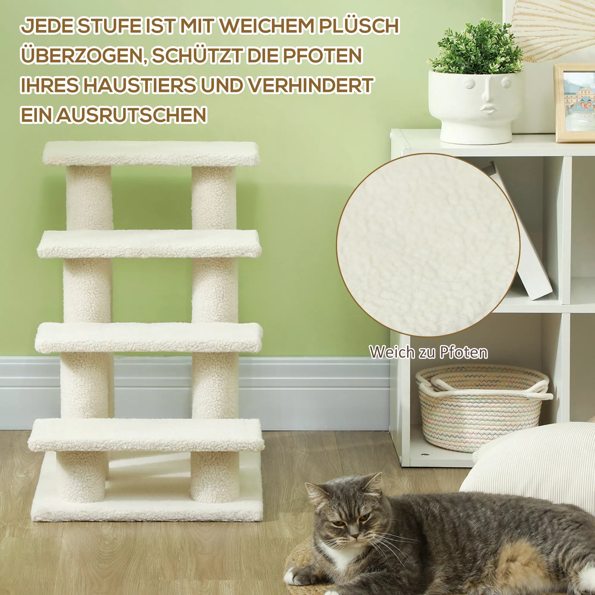 Kaķu pakāpieni 4 pakāpieni, dzīvnieku pakāpieni kaķiem, mājdzīvnieku pakāpieni suņiem, izgatavoti no plīša, 61 x 41 x 60 cm, krēmbalti