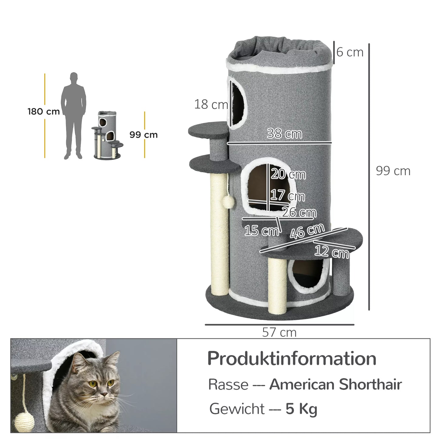 Kačių draskyklė cilindras, 2 kačių namelyje, 4 miego vietos, 4 draskymo stulpeliai, 57 cm x 57 cm x 99 cm, Pilka + Balta