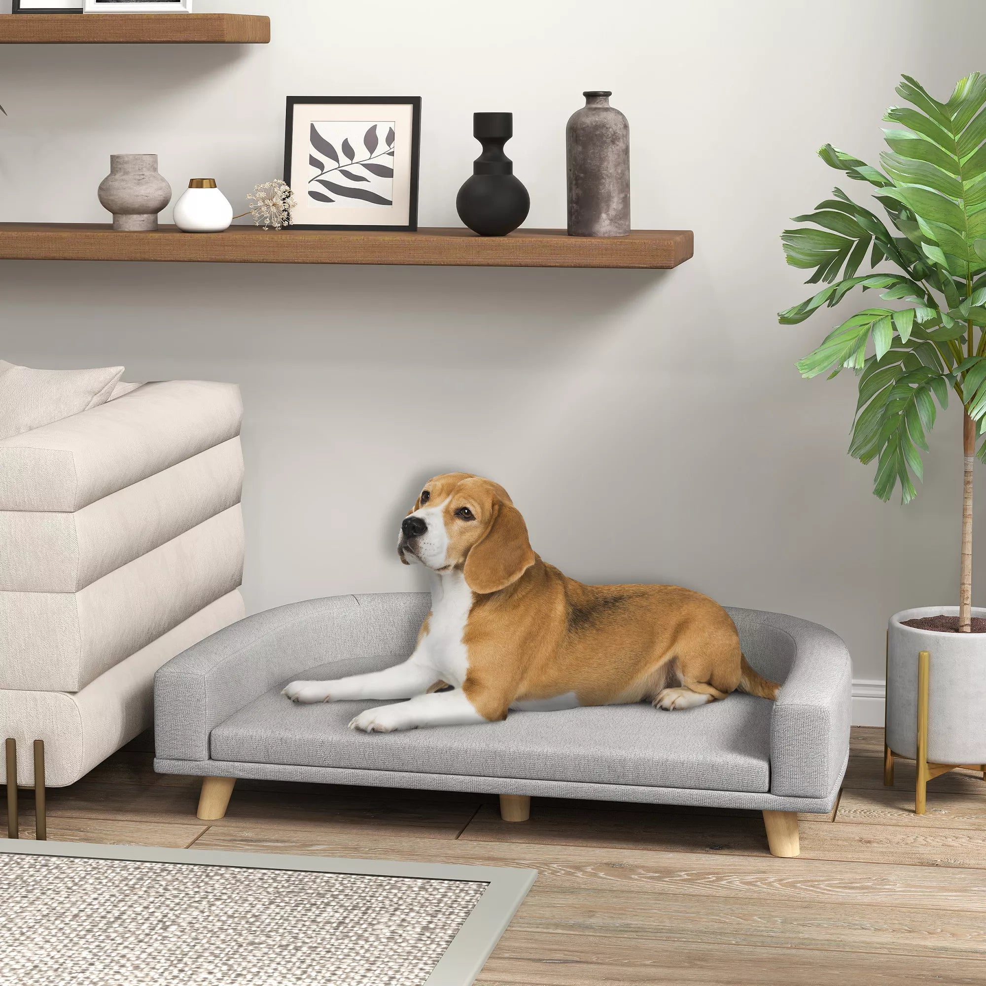 Šunų sofa dideliems šunims iki 30 kg, paminkštinta, su pušies medienos kojelėmis, 98 x 67 x 25 cm, pilka