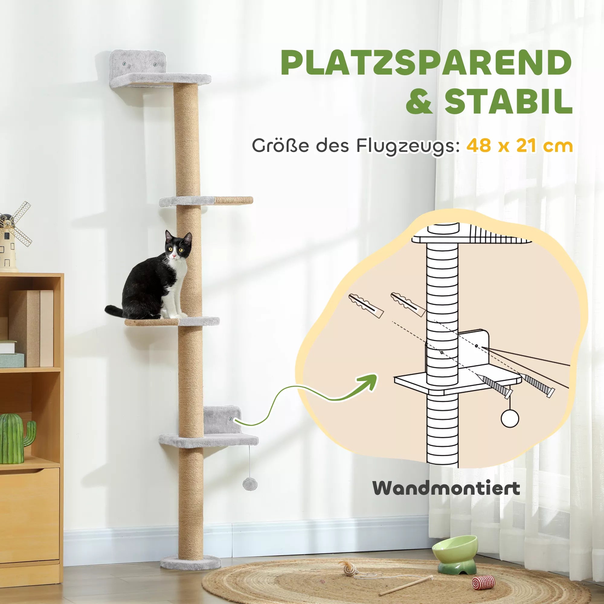 Kaķu skrāpējamais stabs, 5 līmeņu dizains, ar rotaļlietu, sizala stabi, plīša audums, gaiši pelēks
